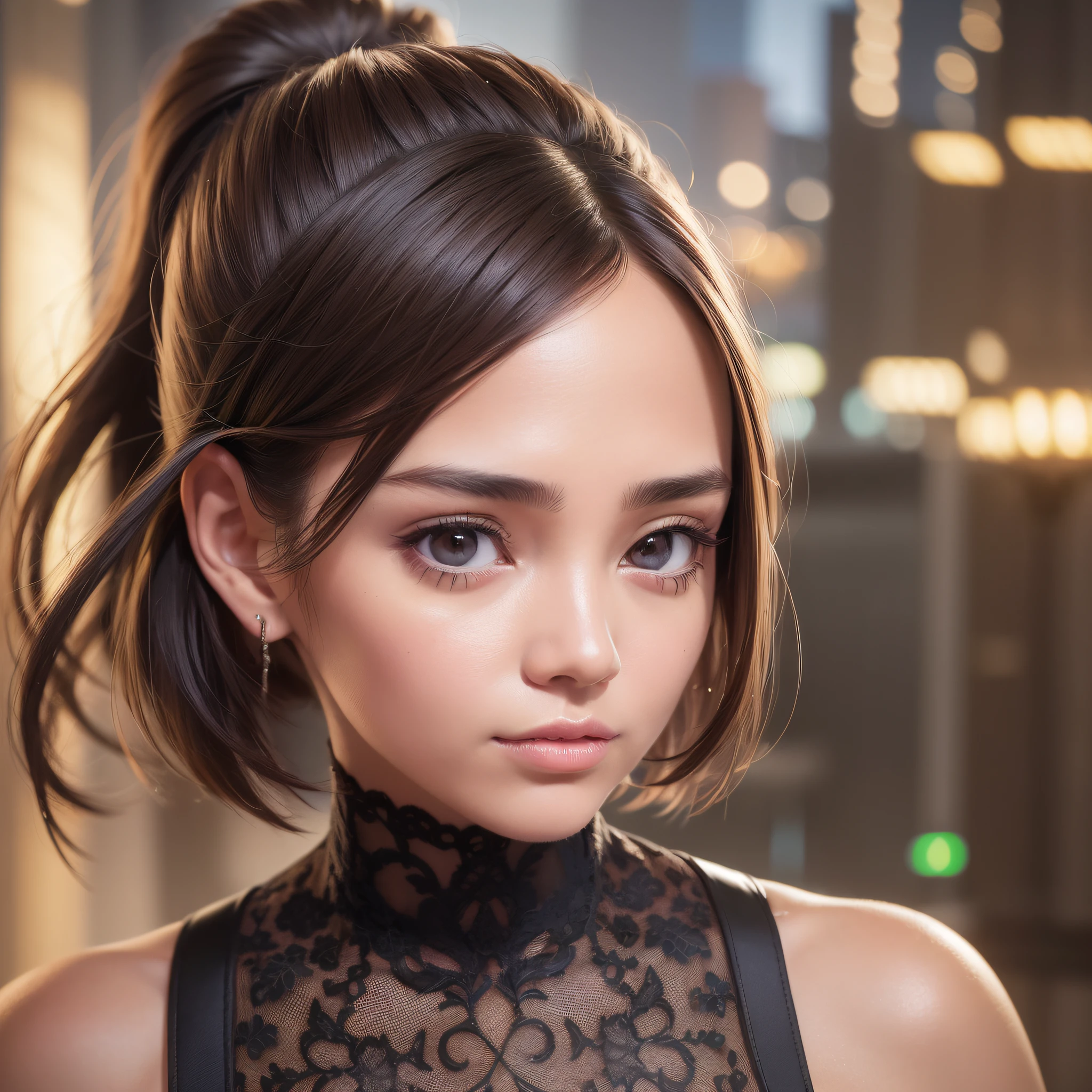 (1 Girl:1.3), Solo,Ponytail, (Highly Detailed Face), (Highly Detailed Eyes and Face), (Beautiful Dark Brown Eyes:1.2),evil_smile,darkbrownANDmeshblonde hair, Tube Top, Unified 8k wallpaper, Ultra detailed, Beautiful, Best quality, Original, Masterpiece, Ultra fine photo, Best Quality, Ultra High Definition,Sunrise, portrait, amazing beauty, dynamic pose, delicate face, highly detailed city roof background, rooftop, overlooking the city, detailed complex busy background, highly detailed skin, realistic skin, clear focus, volumetric fog, 8k UHD, DSLR, film grain, fair skin, photorealism, lomography, Futuristic dystopian megalopolis, vivid, surrealism