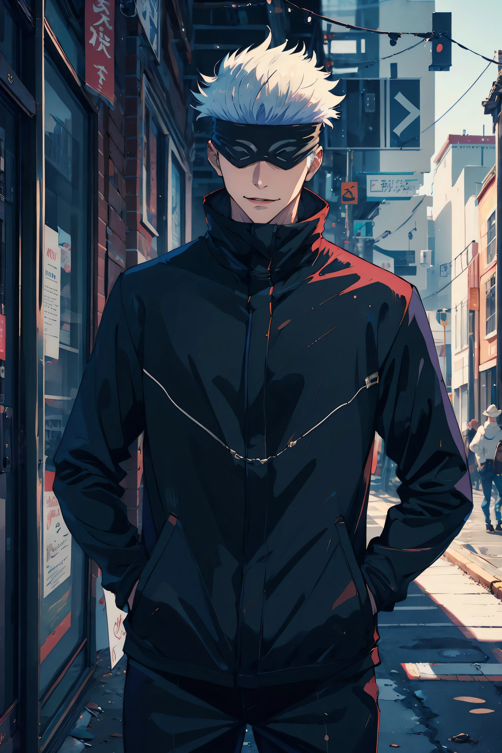 (masterpiece, best quality:1.2), cowboy shot, solo, male focus, 1boy, gojo satoru, smile, hands in pockets, blindfold, black jacket