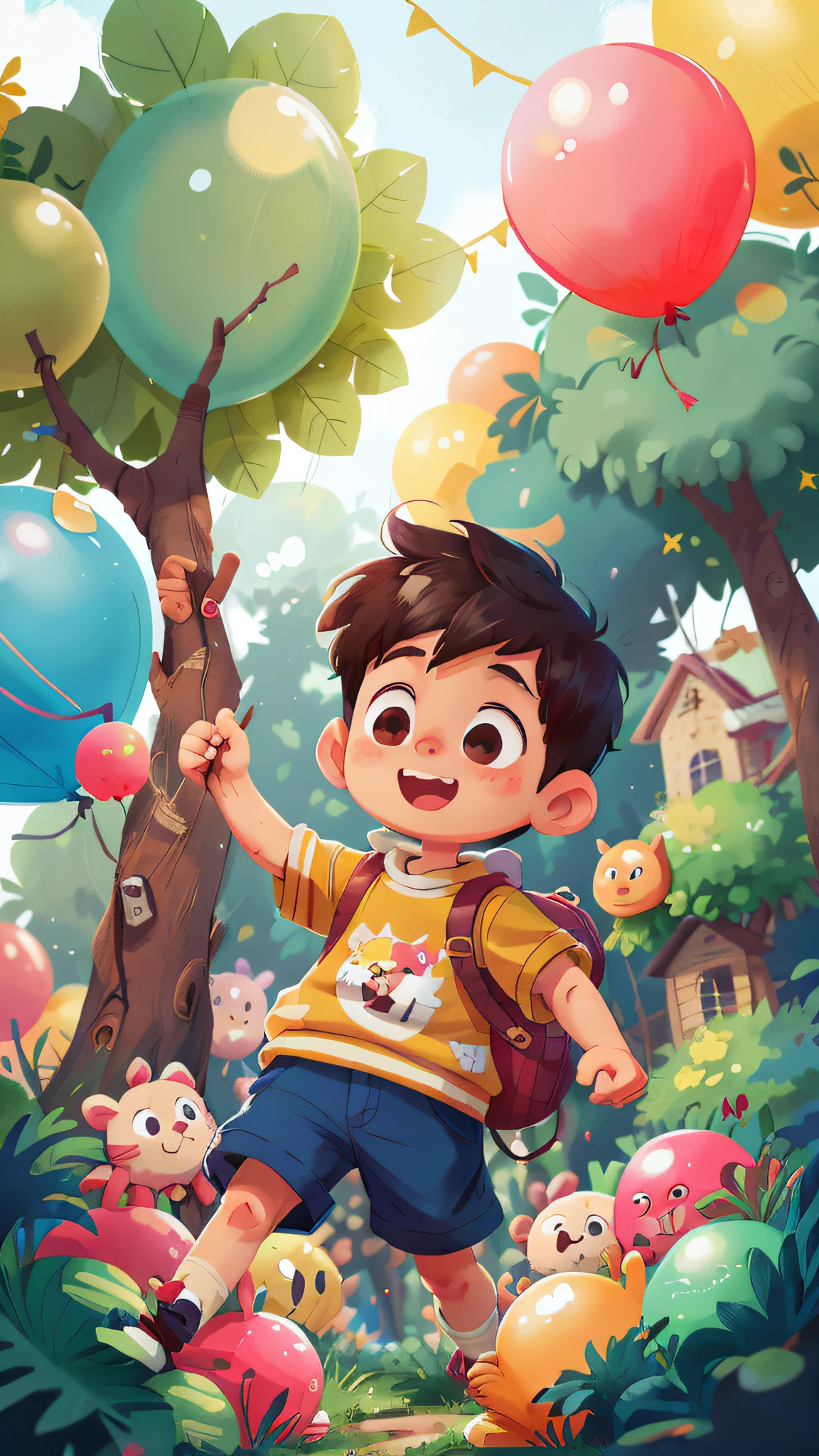 A boy, zoo, many balloons, happy, happy, perfect quality, clear focus (clutter - home: 0.8), (masterpiece: 1.2) (realistic: 1.2) (bokeh) (best quality) (detailed skin: 1.3) (intricate details) (8K) (detail eyes) (sharp focus), (happy)