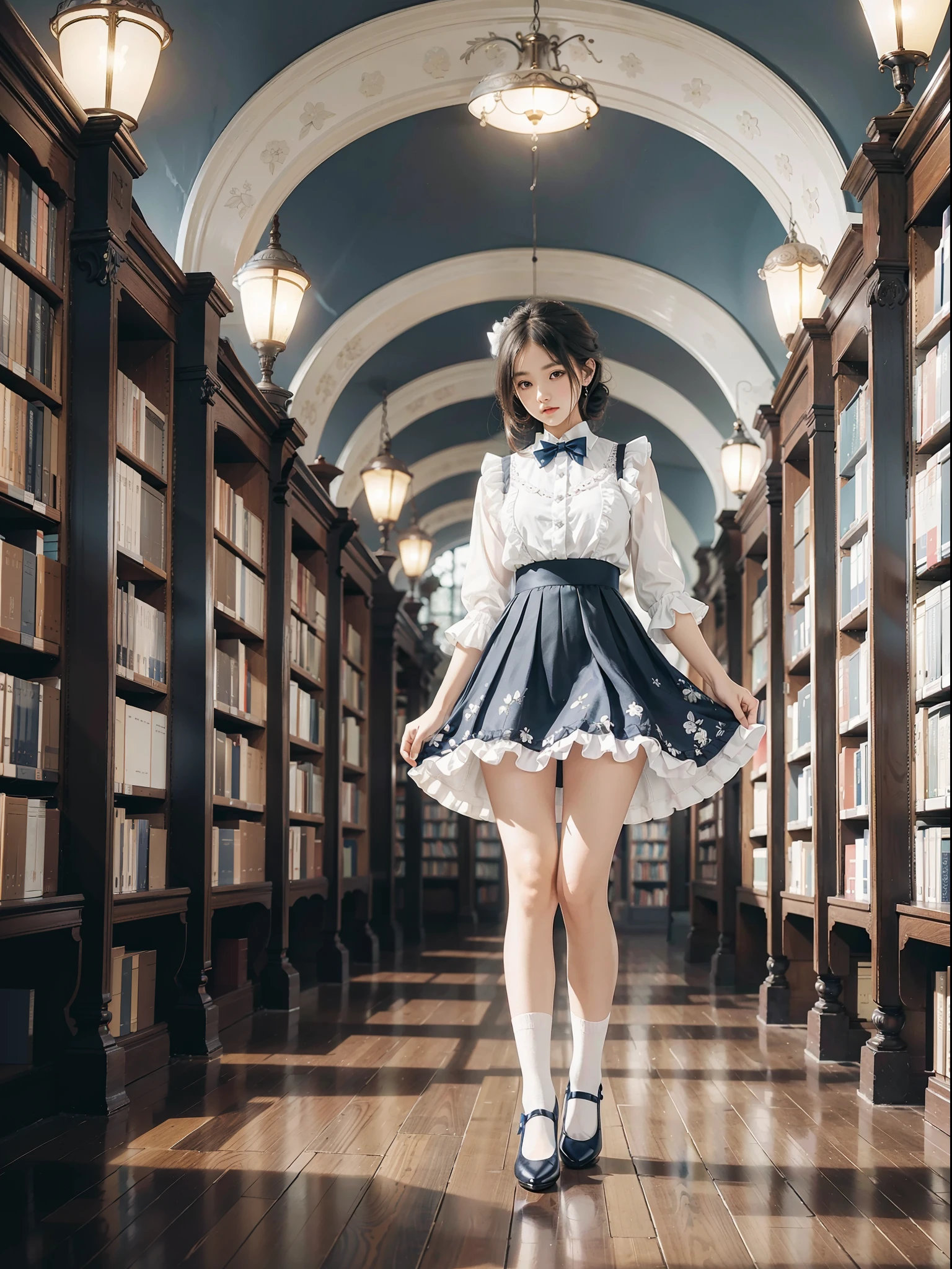 Woman standing alone in library, white floral blouse, dark blue bow tie, dark blue skirt with ruffles, wearing white silk ruffled socks, wearing pumps, white light background