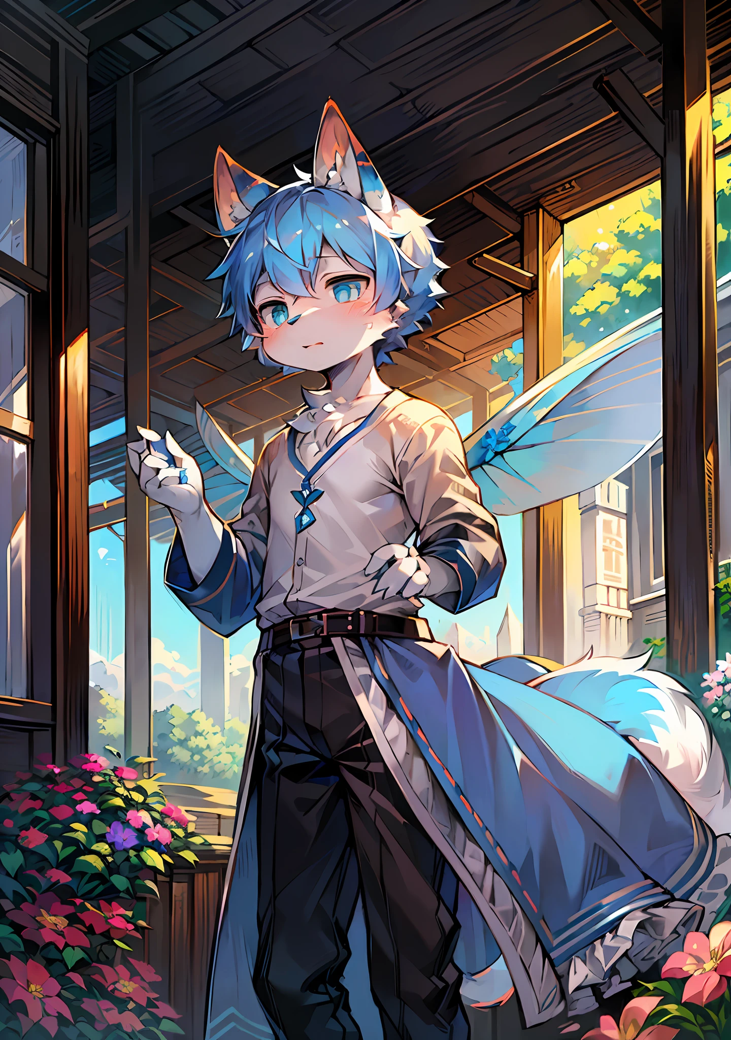(Bright Environment: 0.8), Masterpiece, High Quality, Abstract Res, Digital Painting\(Artwork\), by Dagasi, Yupa, Kiyosan, (Anthro, Fluffy Fur, Character Focus: 1.1), Anthro Male Cat, Short Hair, Portrait , bright eyes, panorama, character focus. (Detailed background: 0.7), Solo, Furry, Furry Male, Male Focus, Anthr, (Full Body Fur, Fluffy Tail, White Fur, Blue Eyes, Blue Hair: 1.2), (Long Canids, Butterfly Wings, White Top: 1.2), (Exterior, Sky, Flowers, Butterflies: 1.1), Flight