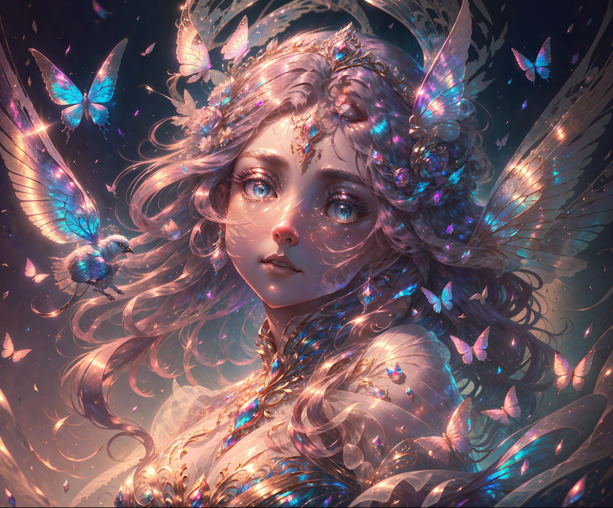 A highly detailed masterpiece of a magnificent celestial queen with a dress made of soft gossamer feathers and silk. The dress is silk and chiffon and contains iridescent details and stunning embroidery. The queen has beautiful iridescent transparent wings that are highly detailed. The head and torso are visible. The background is shimmering, (interesting), colorful, heavenly, pretty, and celestial. The image is the style of fantasy, mythic fantasy, and fairytale fantasy. The image has (hires eyes), big eyes, and beautiful detailed eyes. There should be 1 woman. ((Many)) (colorful flying magical birds and detailed butterflies) with (iridescent detailing). The image should be (ultra detailed), and intricate with (saturated colors), and a dark pink and pink blue color scheme with rich colors. The queen has a delicate and intricate circlet. The ((masterpiece)) has a dynamic and interesting composition with studio lighting and gradients. The queen is a mature woman with full lips, pretty lips, bright detailed eyes, and smooth realistic skin texture. The queen's face is sweet and mysterious with dynamic expressions. The queen has beautiful and elegant hands with only five fingers. (hires and high resolution)
