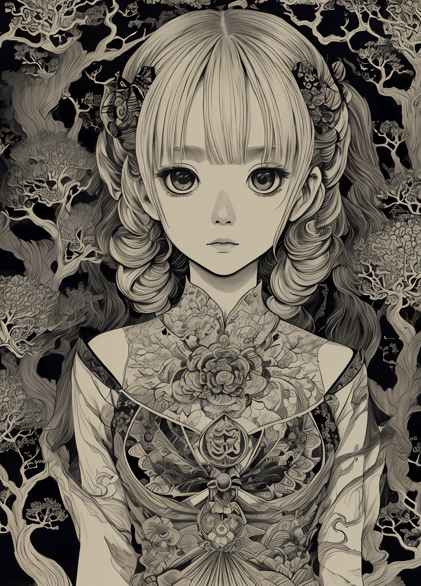(by Yuko Higuchi:1.4),Higuchi Yuko,(by Yoh:1.2),(masterpiece,best quality,官方艺术,美丽和审美:1.2),(ultra-detailed),finely detail,best illustration,hand drawn high quality,(High contrast),(clean lines:1.3),(lineart),line drawing,(Intricate lines),ligne claire,fractal art,pen drawing,ukiyo-e style,(portrait,above the chest,extremely close-up:1.1),zombie girl,little girl,(she is surrounded by dead trees:1.1),big eyes,(wavy air,Pigtails),Corpse Bride,Wraparound composition,flat chest,mysterious night,(Intricate details),(detailed background:1.2),(colorful),High Resolution