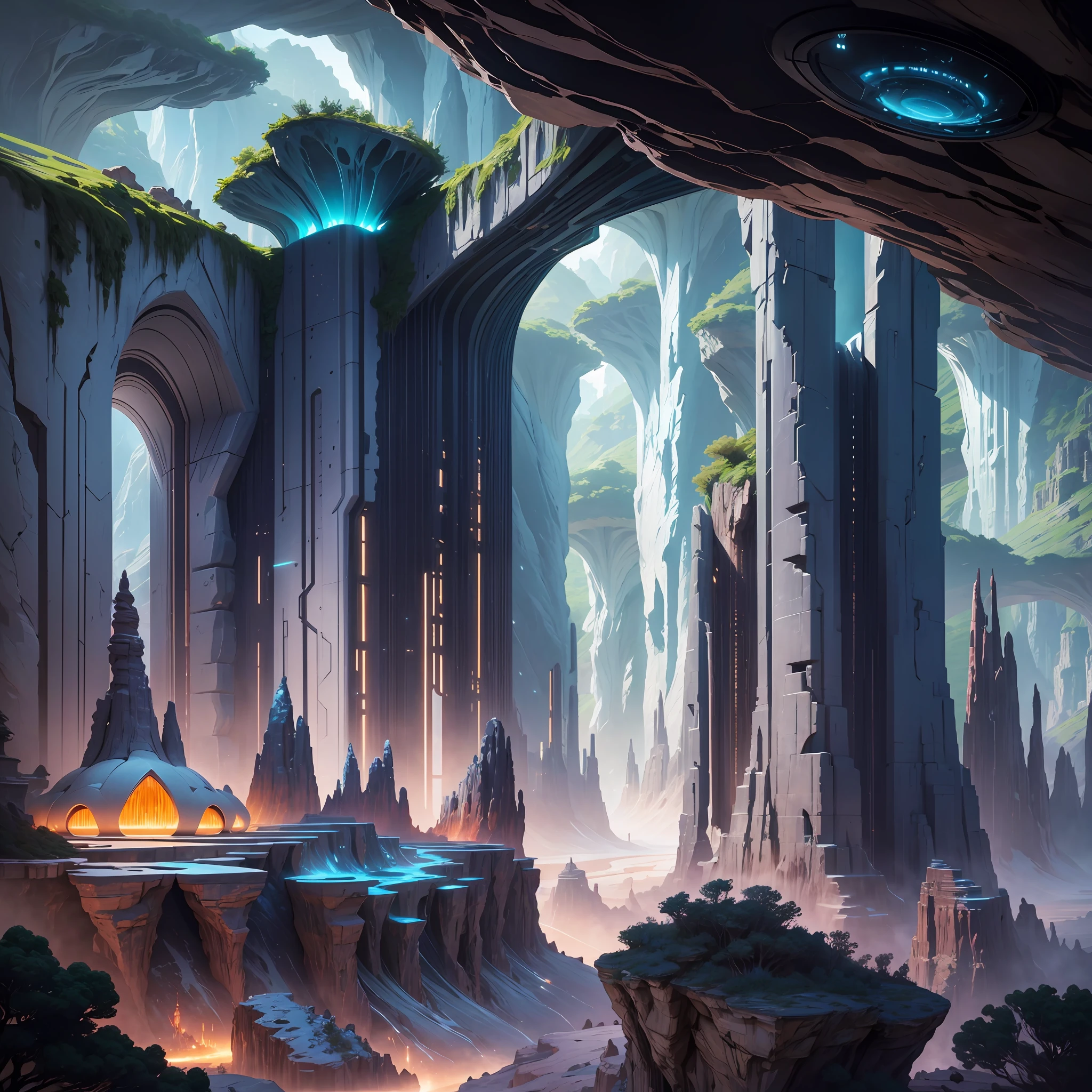 Futuristic design of cave architecture concept art on grand Canyon caves nature architecture, proportional,detailed, cave architecture nature meets futuristic architecture by Toyo Ito and Philip Johnson ,residential area, futuristic development, high rise made up balconies, full of rock and glass facades, residential spaces carved from cliff side ,trending on artstation, beautiful lighting,In the style of Jean Nouvel masterpiece, fantasy, intricate, award winning, 4k, highest quality render --auto --s2