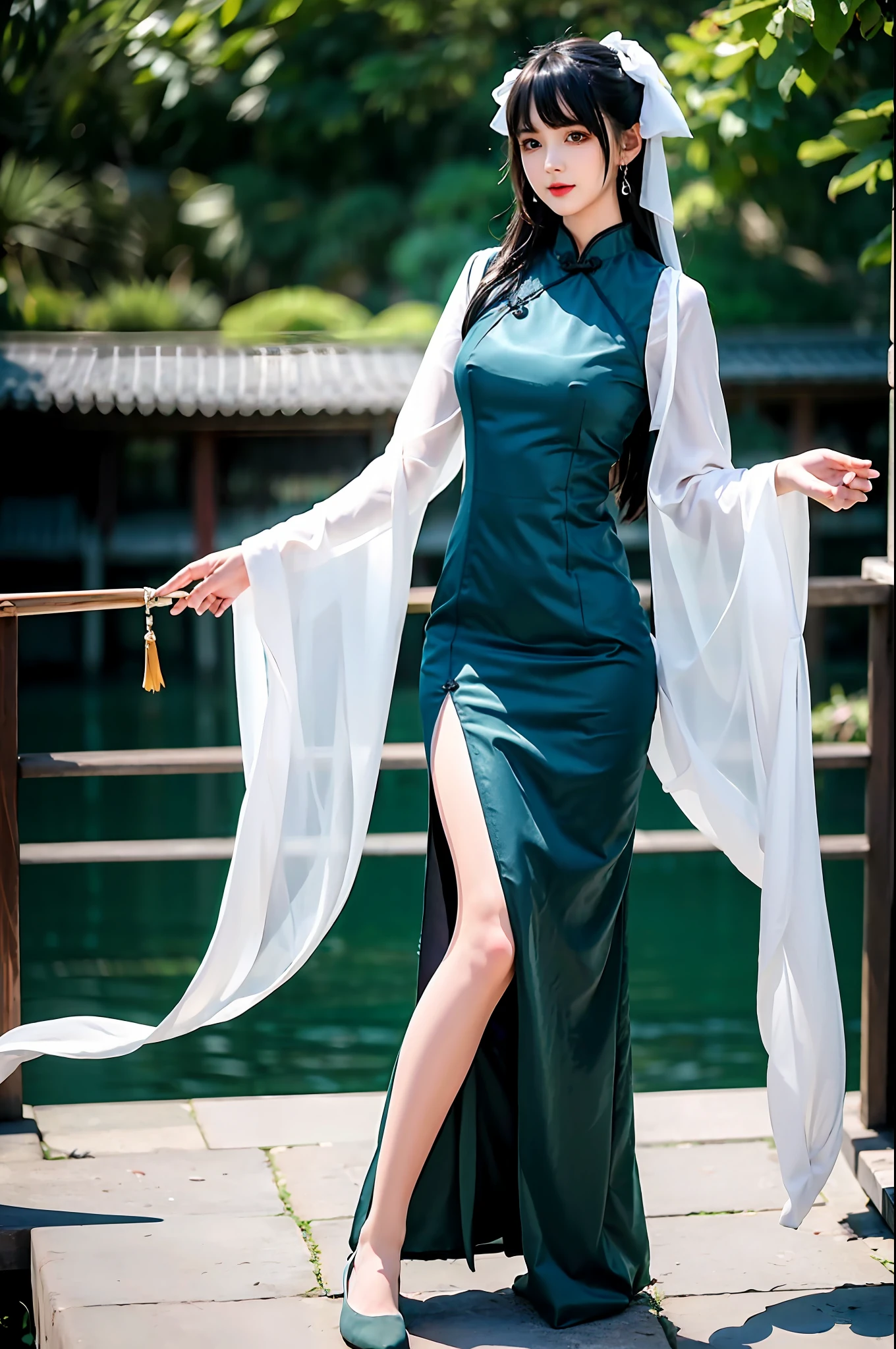 There is a girl in a green dress, plum blossoms, palaces, oriental architecture ray tracing, {best quality}, {{masterpiece}}, extremely detailed 8K wallpaper, {an extremely delicate and beautiful}, colorful, intricately detailed, Realistic, real, camera quality, (detailed depiction of clothes), cool white skin, (detailed depiction of blush), 1080p, sun, soft cuteness, smooth light silver hair, messy beauty, lighting, broken feeling, bright and silky skin , 3D stereoscopic, masterpiece, best quality, super fine illustration, beautiful eyes, very fine light, fine glow, very fine 8K CG wallpaper, peach eyes, red pupils, an extremely delicate and beautiful girl, 8k Wallpaper, best quality, full body close-up, white long dress, luxurious silky bright red chiffon floodlight (magic, glitter, ultra-thin, soft,) Hanfu