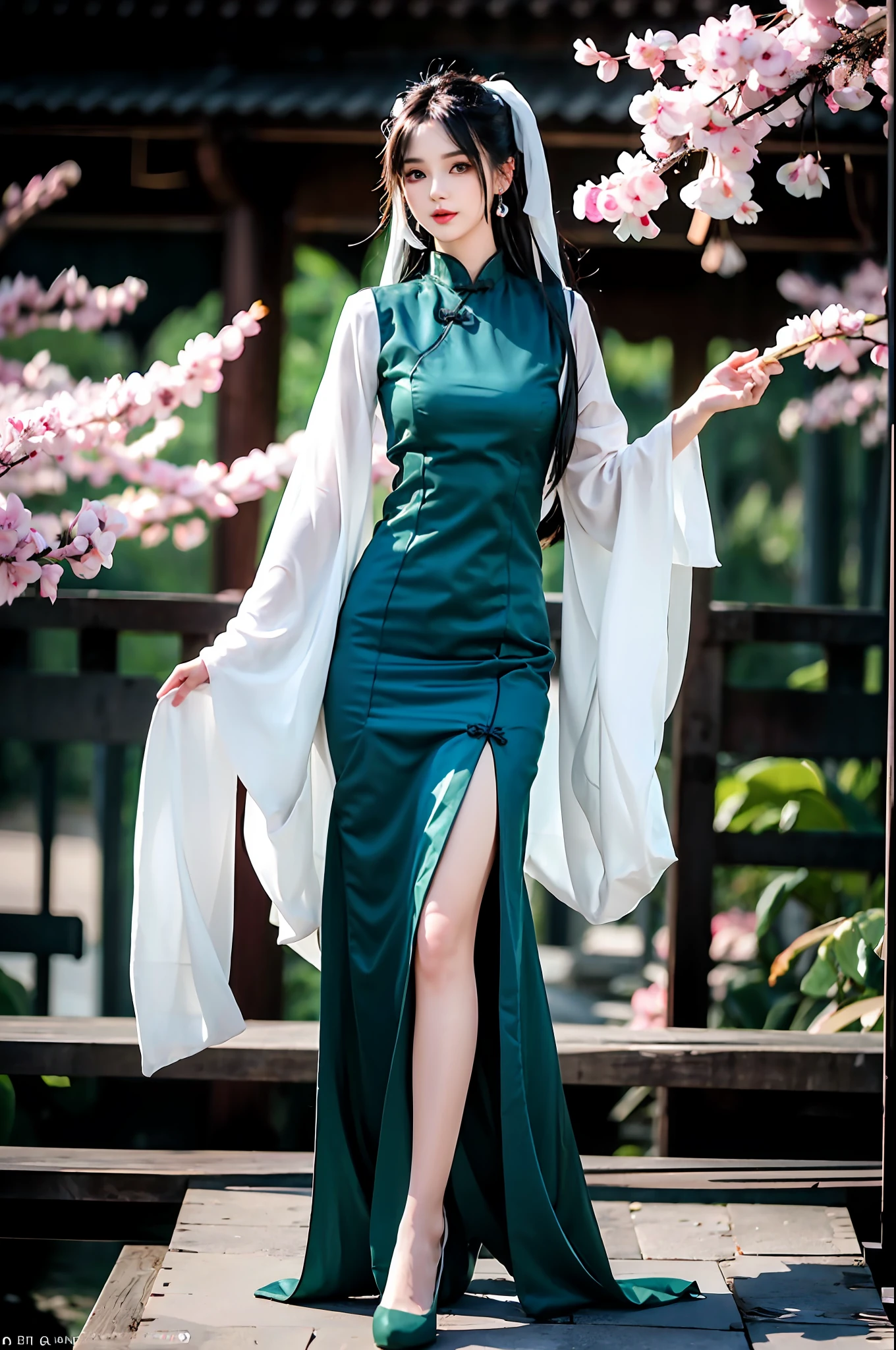 There is a girl in a green dress, plum blossoms, palaces, oriental architecture ray tracing, {best quality}, {{masterpiece}}, extremely detailed 8K wallpaper, {an extremely delicate and beautiful}, colorful, intricately detailed, Realistic, real, camera quality, (detailed depiction of clothes), cool white skin, (detailed depiction of blush), 1080p, sun, soft cuteness, smooth light silver hair, messy beauty, lighting, broken feeling, bright and silky skin , 3D stereoscopic, masterpiece, best quality, super fine illustration, beautiful eyes, very fine light, fine glow, very fine 8K CG wallpaper, peach eyes, red pupils, an extremely delicate and beautiful girl, 8k Wallpaper, best quality, full body close-up, white long dress, luxurious silky bright red chiffon floodlight (magic, glitter, ultra-thin, soft,) Hanfu