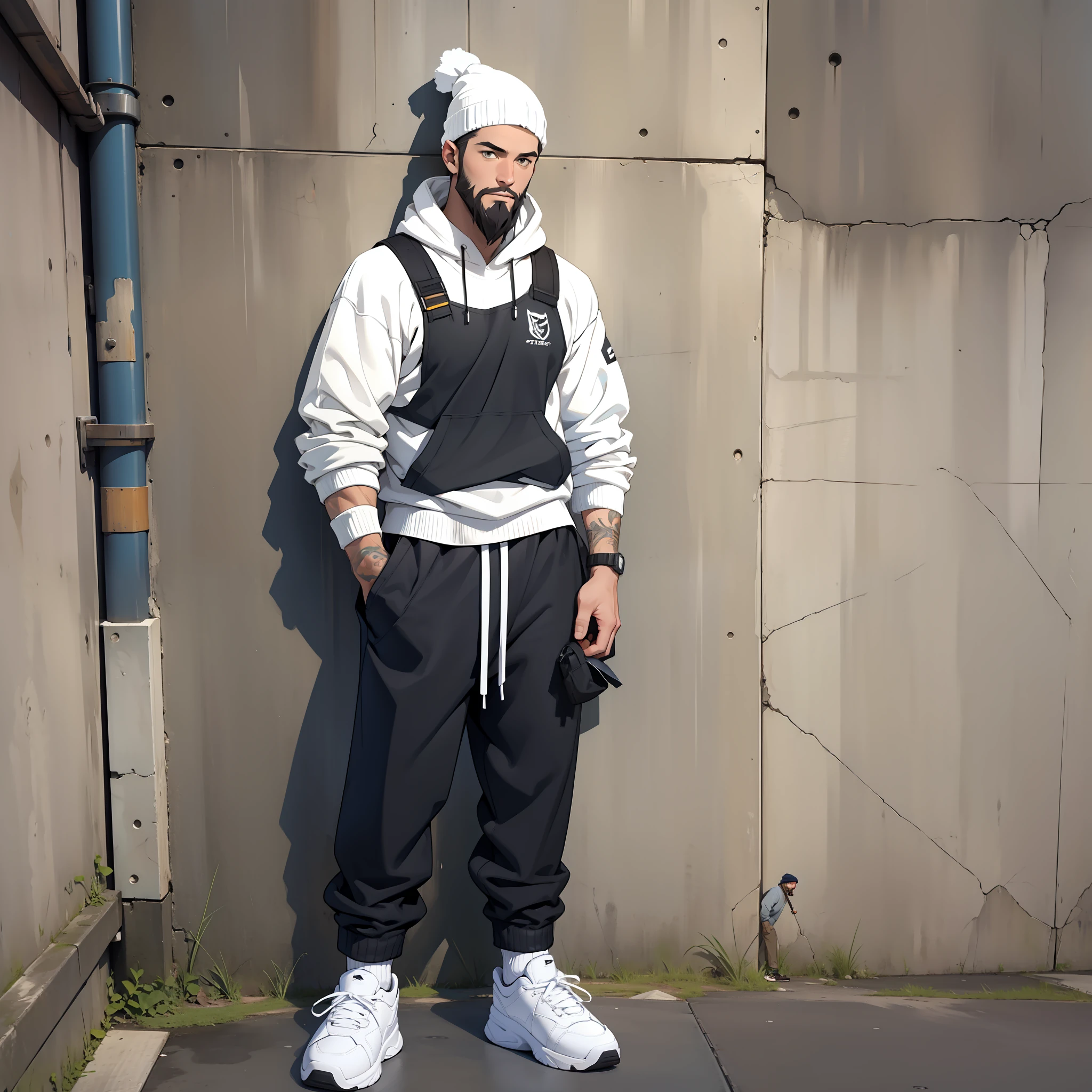 man, short beard, wearing white dirty crew socks relaxing, standing against wall, full body, black loose pleated pants, small athletic, white male, fisherman beanie,