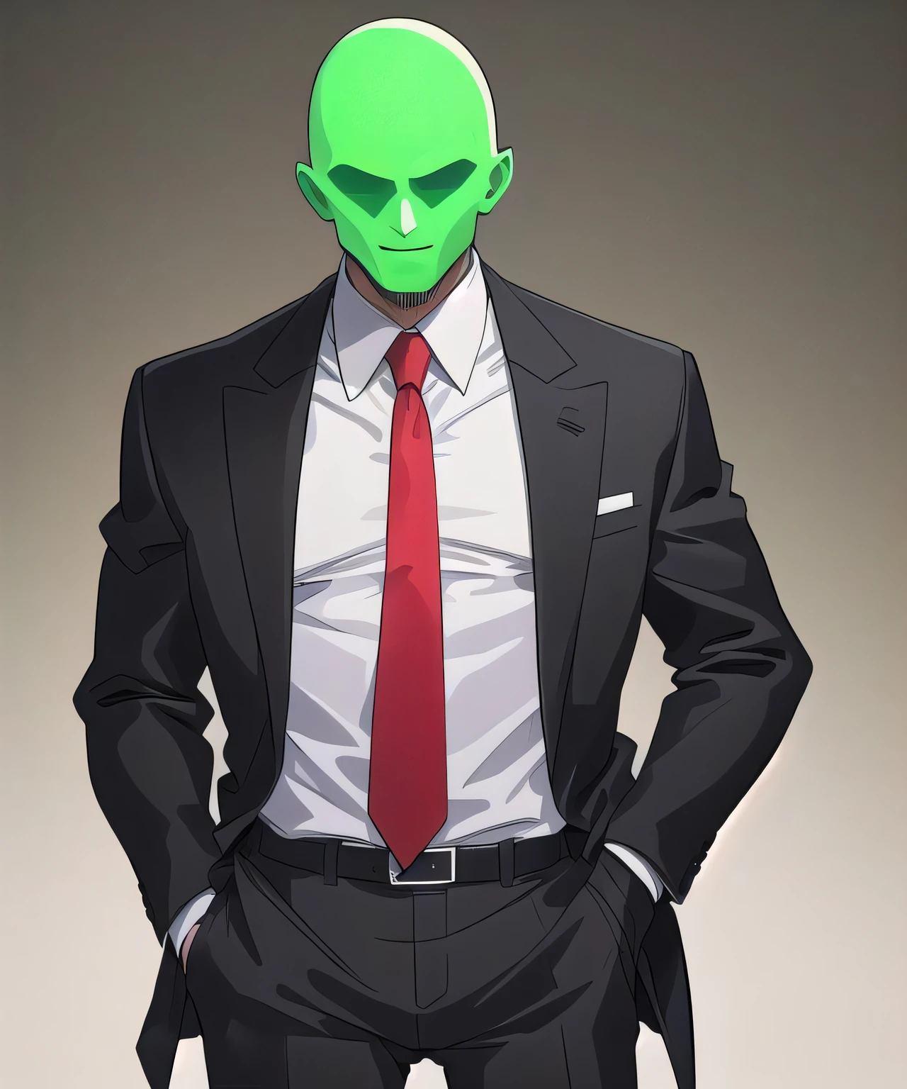 faceless male, black suit, red necktie, green skin, solo,  hands on pockets, bald, no eyes, eyeless, [muscular::3]
