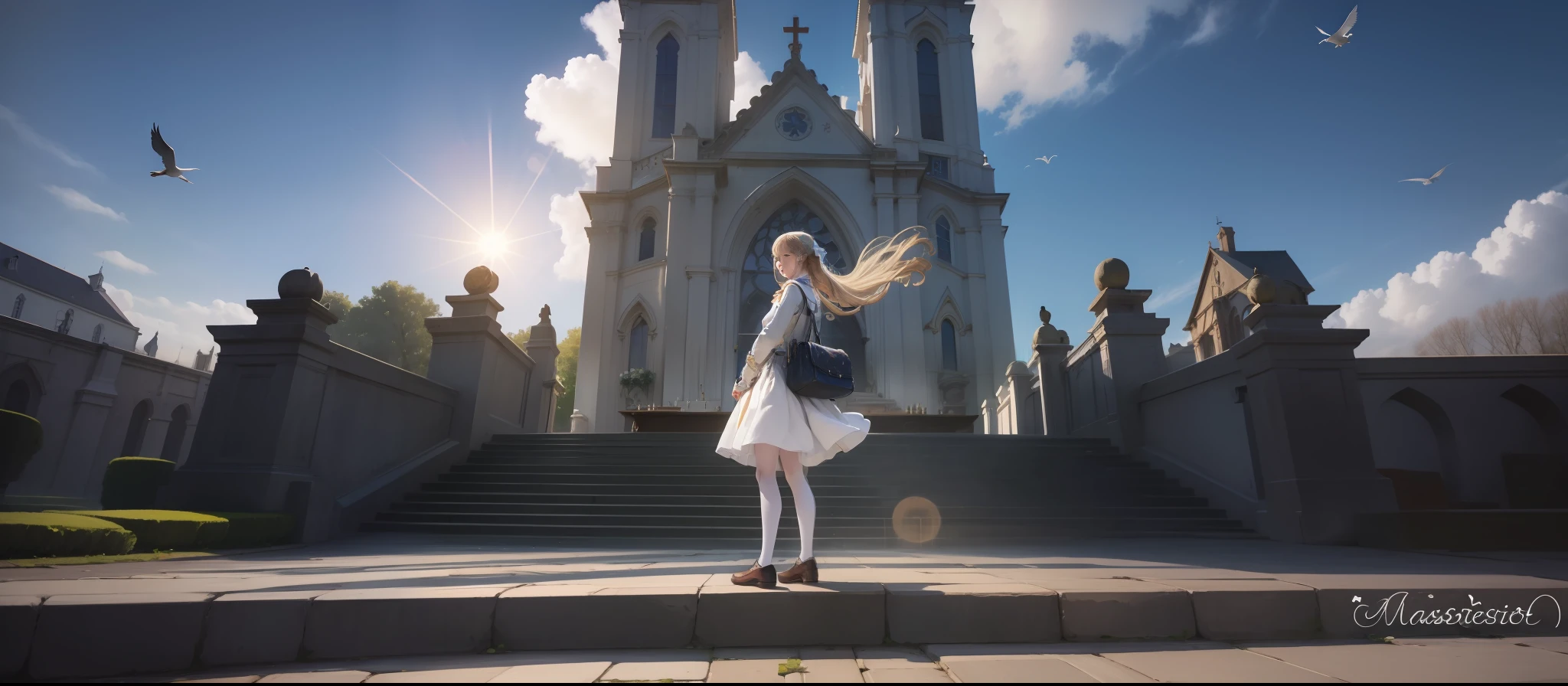 (masterpiece, best quality),1 sister, church, stained glass, solemnity,spring,open doors,sun,early morning,birds in the air,beautiful gardens,árv