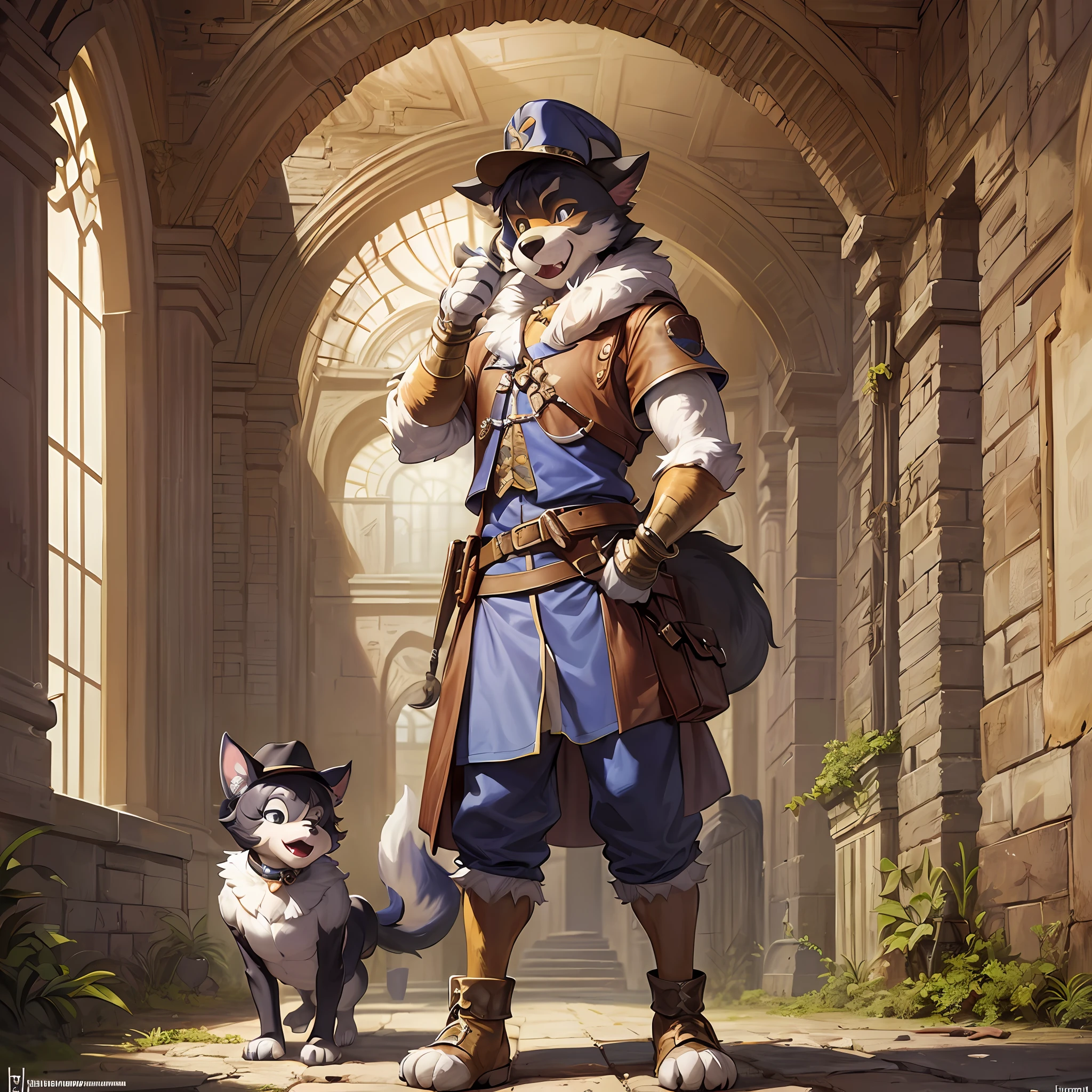 top quality, best quality, High-quality illustrations by Michelangelo, by Johannes Vermeer, masterpiece, super high resolution, detailed background, Old Ruins, Dungeons, Indiana Jones series(highly detailed beautiful face and eyes)absurdres, perfect anatomy(handsome 1boy, kemono, solo focus, Adventurer, Archaeologist)(furry)(furry anthro:1.7)(Furry body, dog facial features, dog body features)(very detailed body fur)full body, Dirty Coat and Hat,