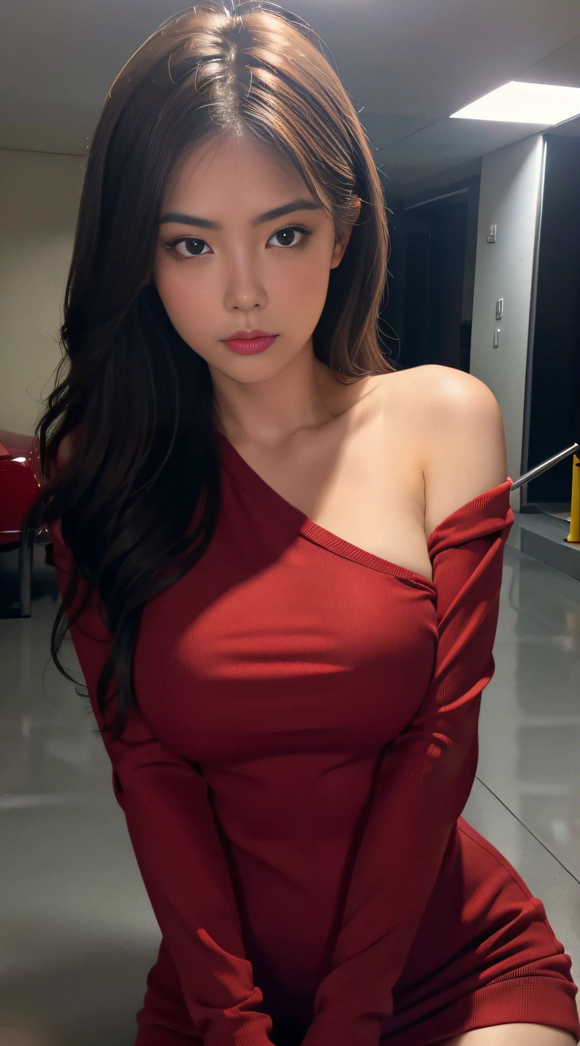 (Extremely detailed, underground parking, fine, slightly fat, plump, big breasts, big breasts, M cups, sexy, red crewneck dress, conservative, delicate face, large aperture, close-up of people, overlook)