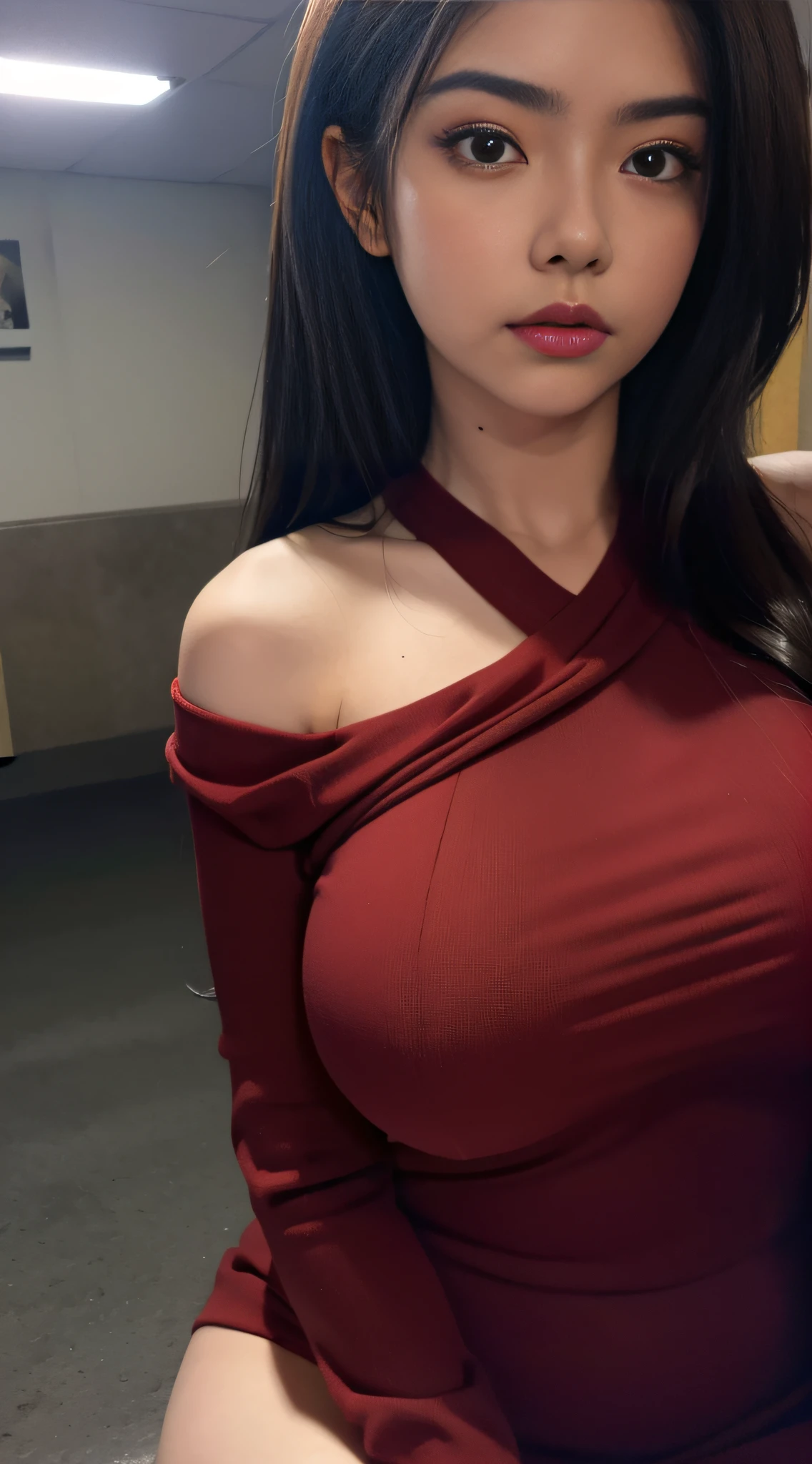 (Extremely detailed, underground parking, fine, slightly fat, plump, big breasts, big breasts, M cups, sexy, red crewneck dress, conservative, delicate face, large aperture, close-up of people, overlook)
