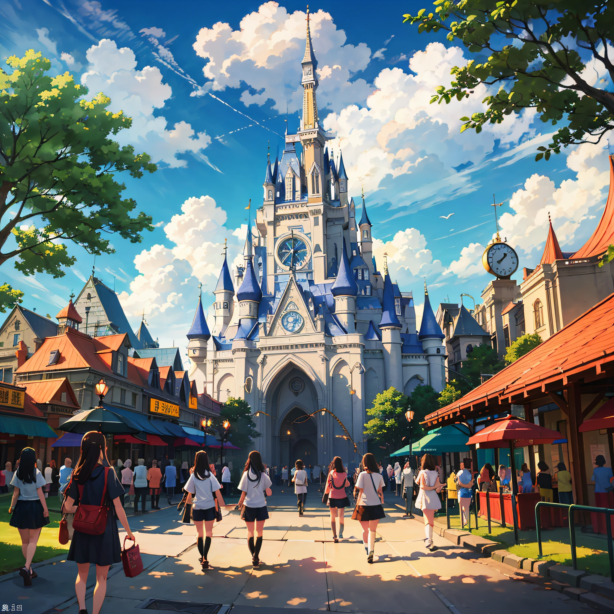 cartoon, detailed, expansive, childlike animation scene, amusement park, harmonious, blue skies and clouds, forest, slope) --auto --s2