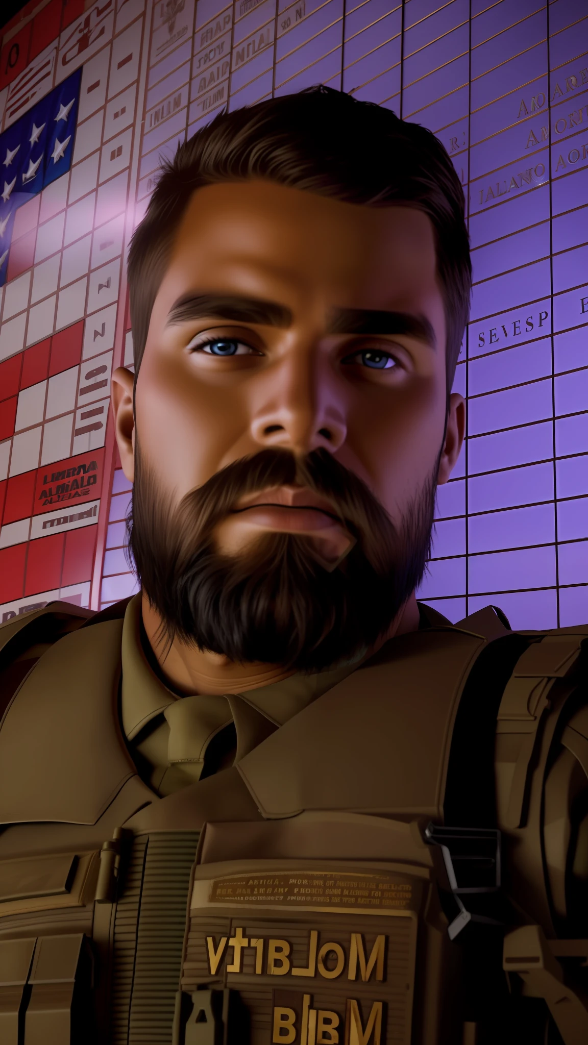 "An American military soldier, with impeccable uniform and various decorations, in a realistic and detailed environment."