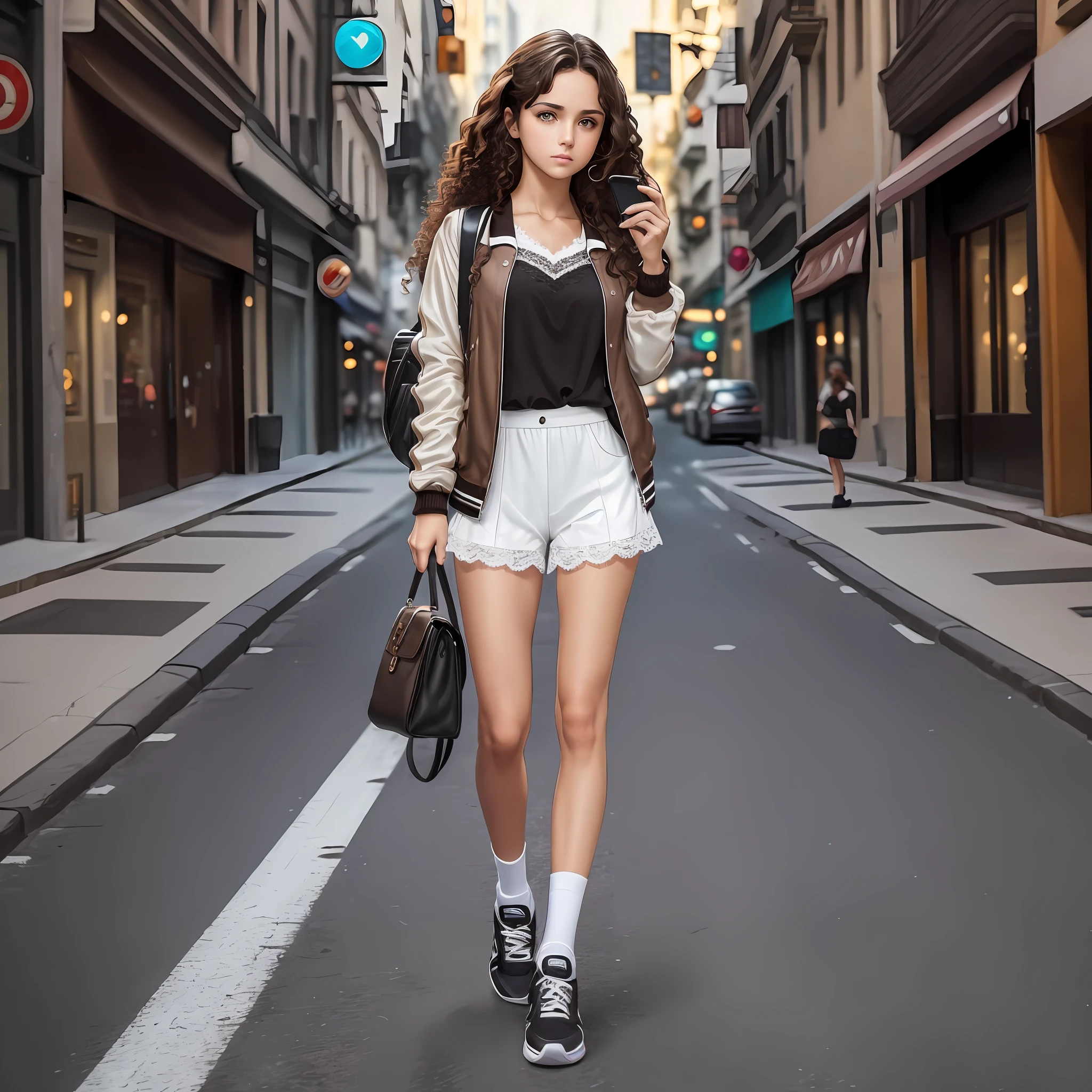 ((mind-blowing)), stunning image quality, serious-looking brunette main character, against an urban street background, with curly hair from the root to dark brown tips, deep brown eyes, wearing white blouse with short black shorts, lace socks and sneakers, holding a cell phone with matching jacket. --auto --s2