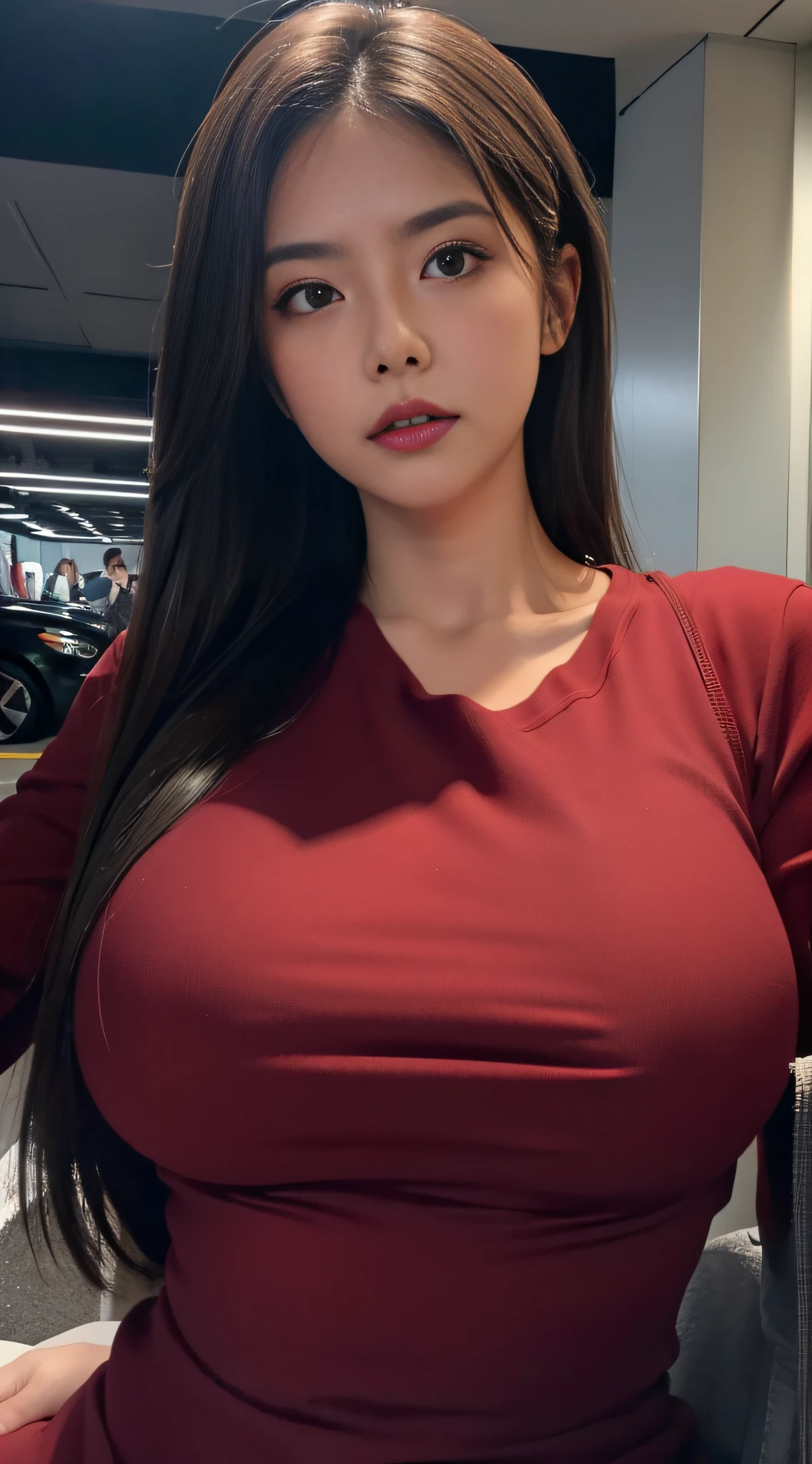 (Extremely detailed, underground parking, fine, slightly fat, busty, big breasts, big breasts, M cups, red crewneck dress, conservative, delicate face, large aperture, close-up of people)