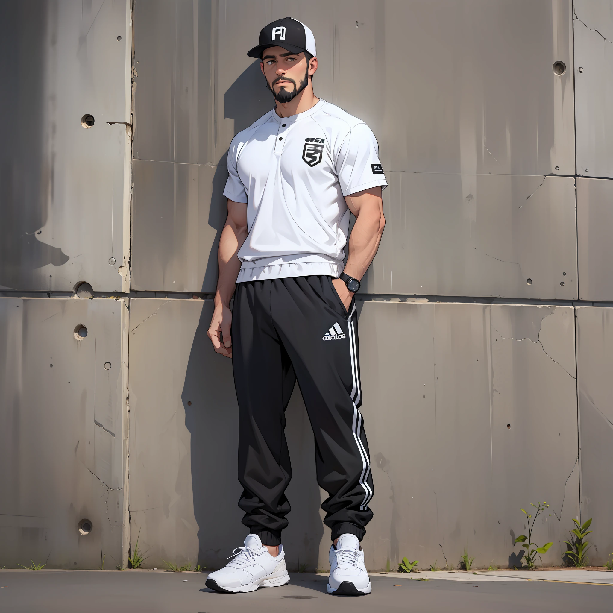 man, short beard, wearing white dirty crew socks relaxing, standing against wall, full body, black loose suit pants, small athletic, white male, cap, soccer sneakers