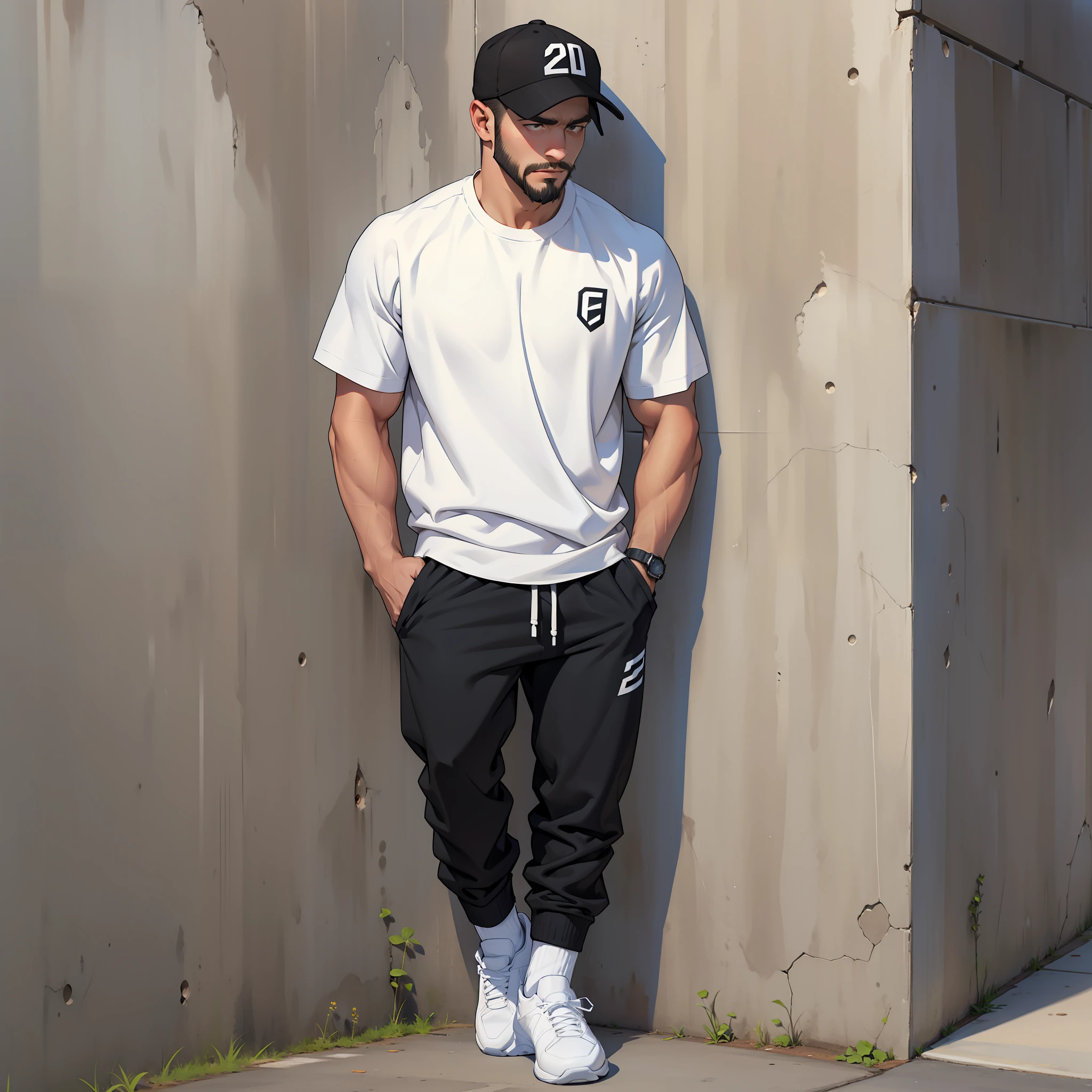 man, short beard, wearing white dirty crew socks relaxing, standing against wall, full body, black loose suit pants, small athletic, white male, cap, soccer sneakers