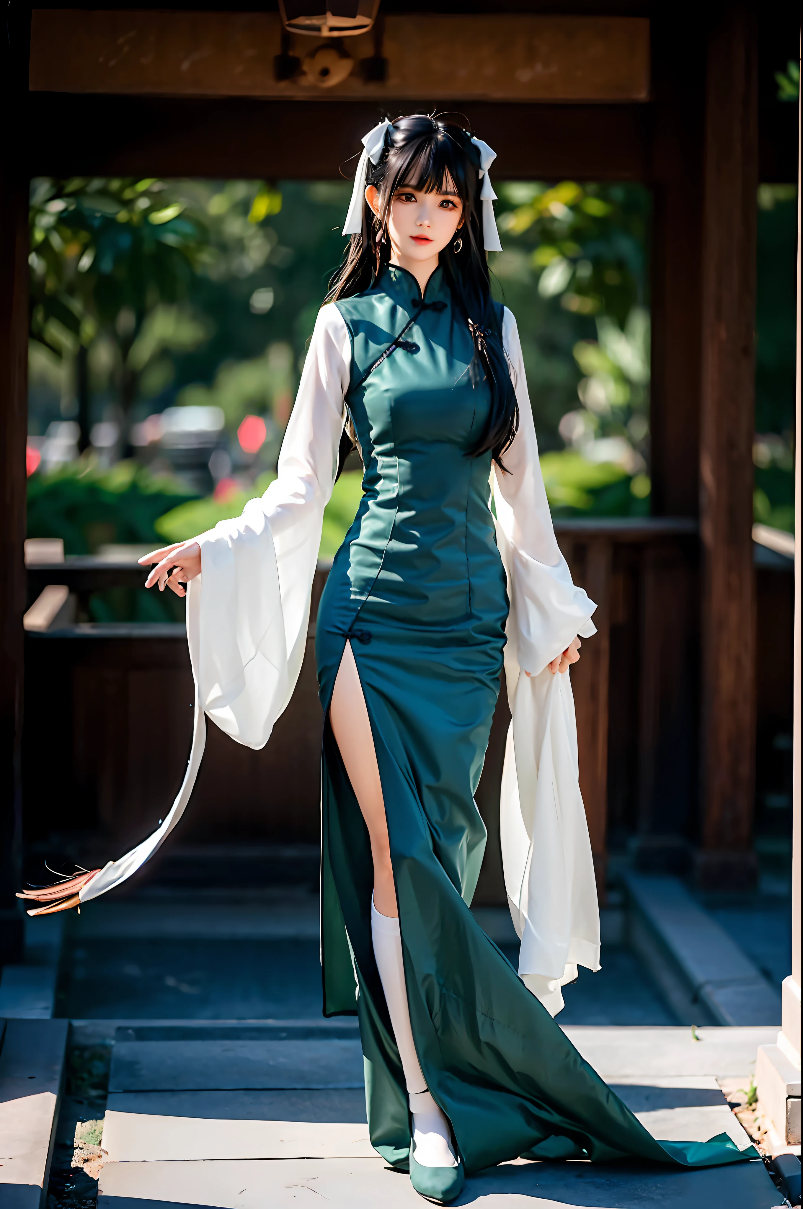 There is a girl in a green dress, plum blossoms, palaces, oriental architecture ray tracing, {best quality}, {{masterpiece}}, extremely detailed 8K wallpaper, {an extremely delicate and beautiful}, colorful, intricately detailed, Realistic, real, camera quality, (detailed depiction of clothes), cool white skin, (detailed depiction of blush), 1080p, sun, soft cuteness, smooth light silver hair, messy beauty, lighting, broken feeling, bright and silky skin , 3D stereoscopic, masterpiece, best quality, super fine illustration, beautiful eyes, very fine light, fine glow, very fine 8K CG wallpaper, peach eyes, red pupils, an extremely delicate and beautiful girl, 8k Wallpaper, best quality, full body close-up, white long dress, luxurious silky bright red chiffon floodlight (magic, glitter, ultra-thin, soft,) Hanfu