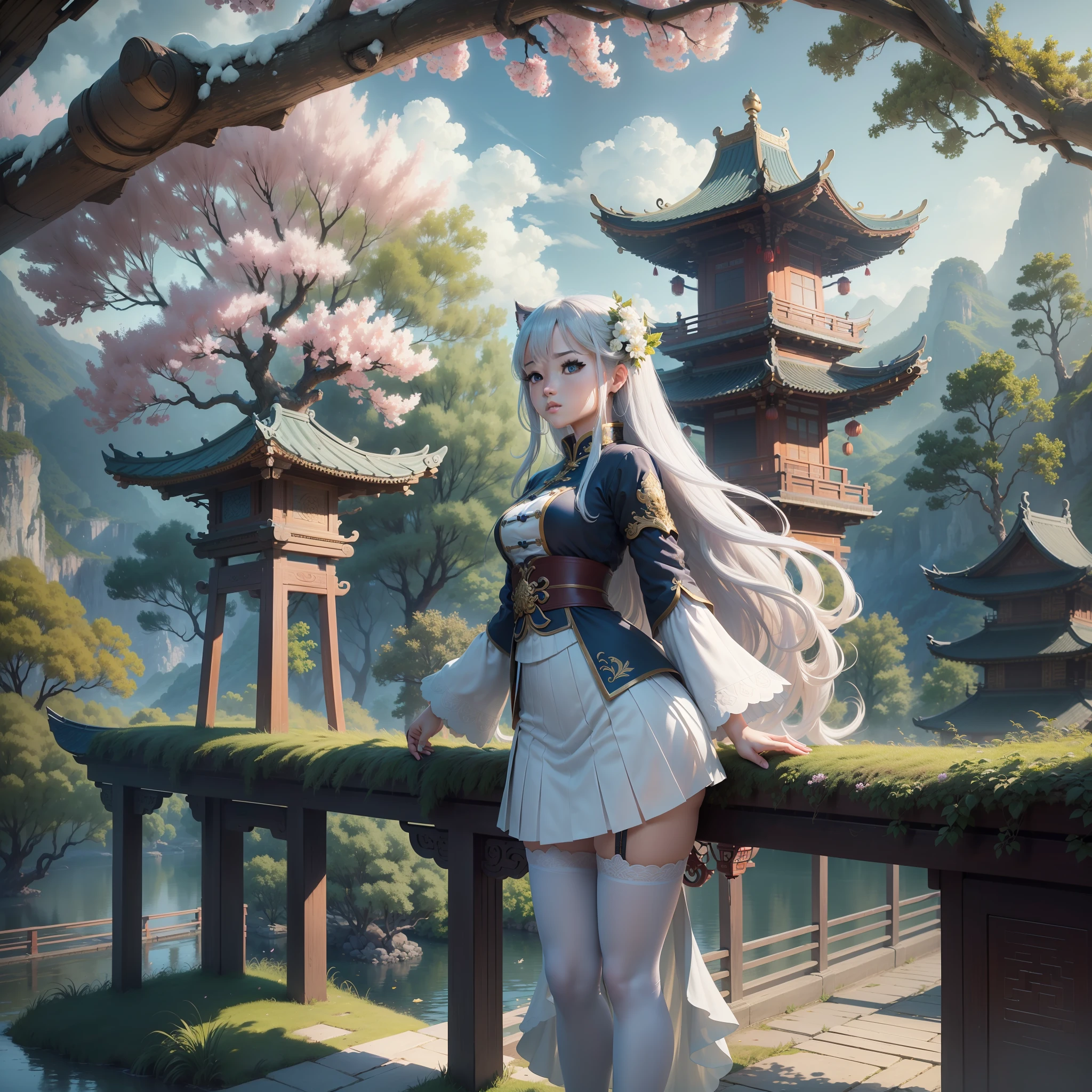 ((beautiful background,masterpiece,best quality,ultra-detailed)),(complex details:1.2),extremely detailed cg unity 8k wallpaper,(Chinese landscape garden,Chinese style building group,a girl on the bridge,cherry tree,full of vigor,Cloudy),(blue eyes,long hair:1.2,white thigh highs:1.2),(Detaililed eyes description,DetailedI face description),(full body:1.25,Dynaminic angle),(long shoot:1.3,wide-angle:1.2)