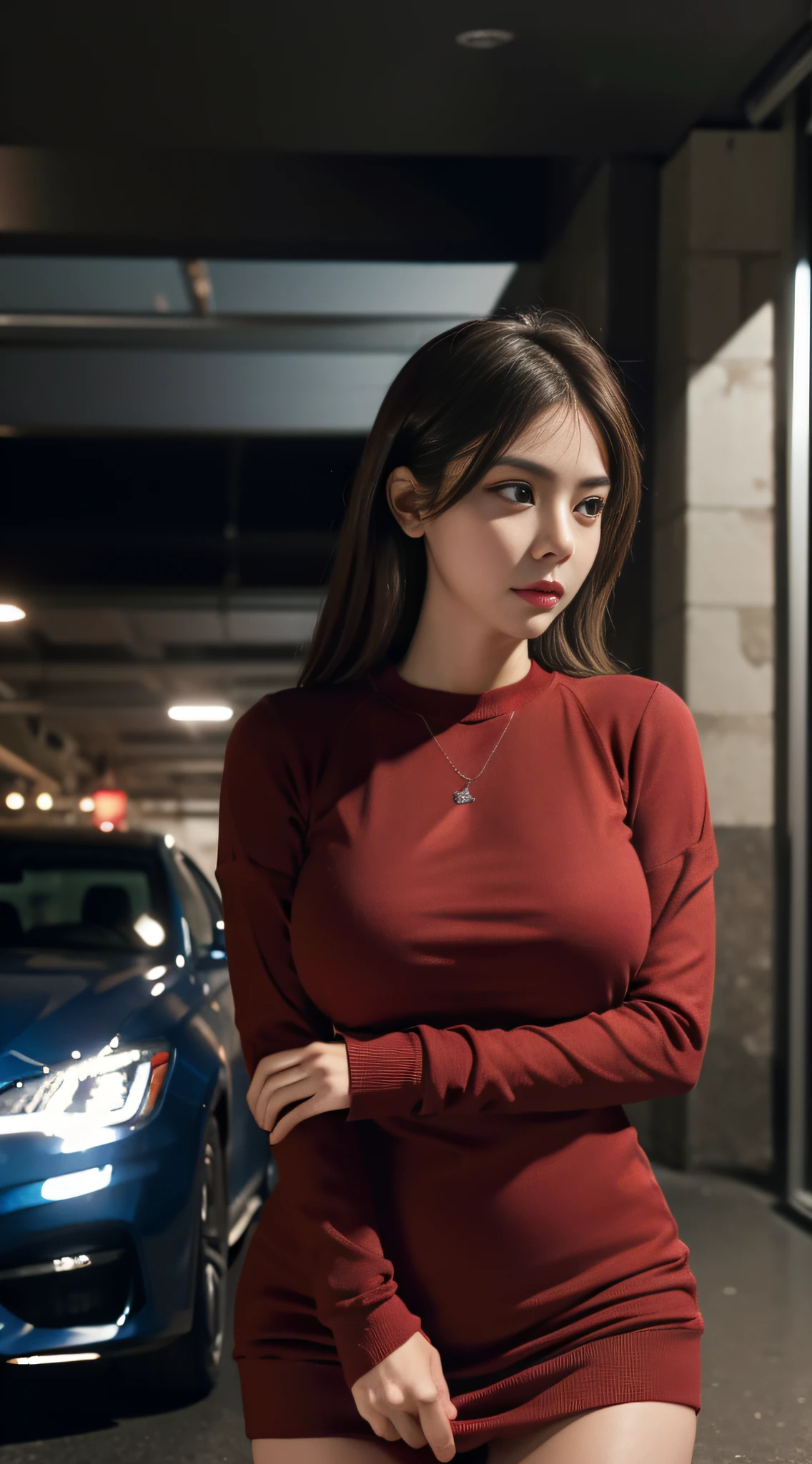 (Extremely detailed, underground parking, fine, slightly fat, full, big breasts, big breasts, M cups, red crewneck dress, conservative, delicate face)