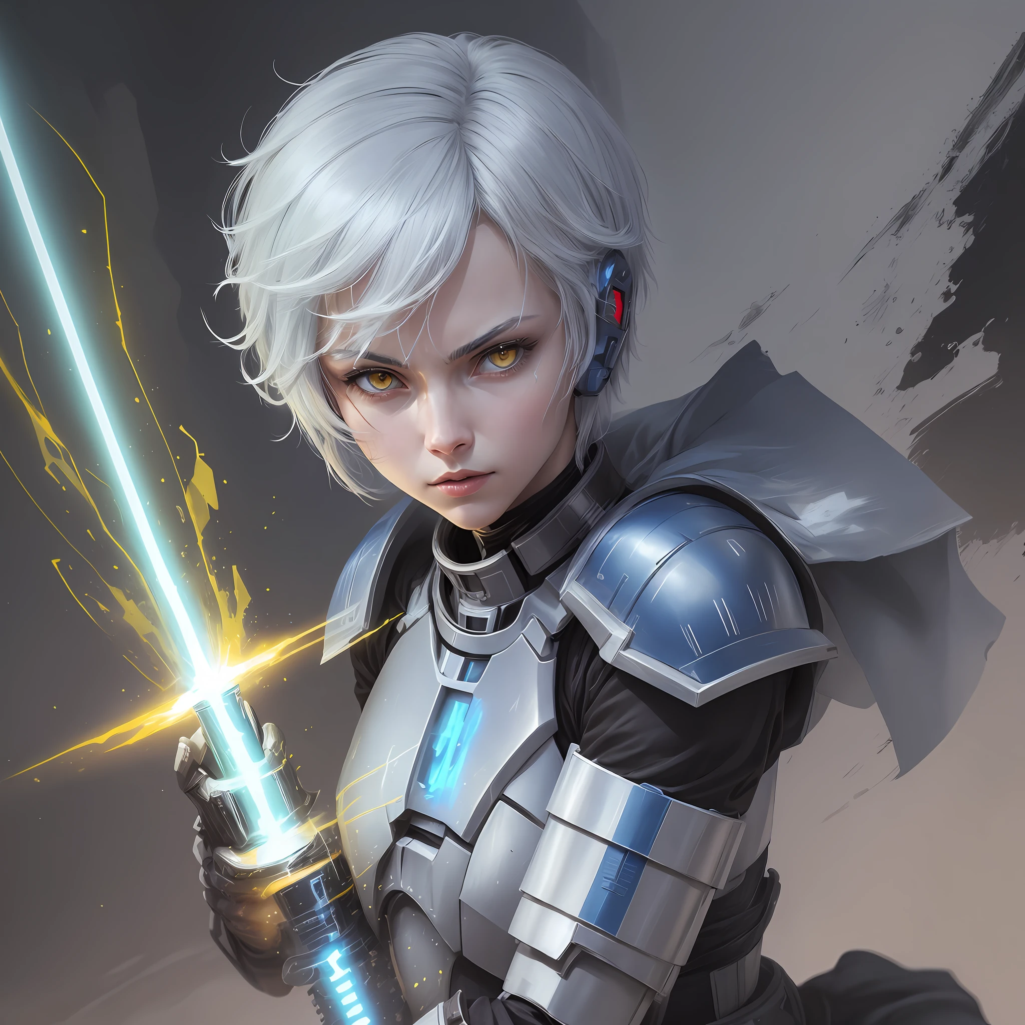 Blue lightsaber in hand, short hair, serious face, combat attire, white hair, yellow eyes, armor, android, human appearance, adult woman --auto --s2