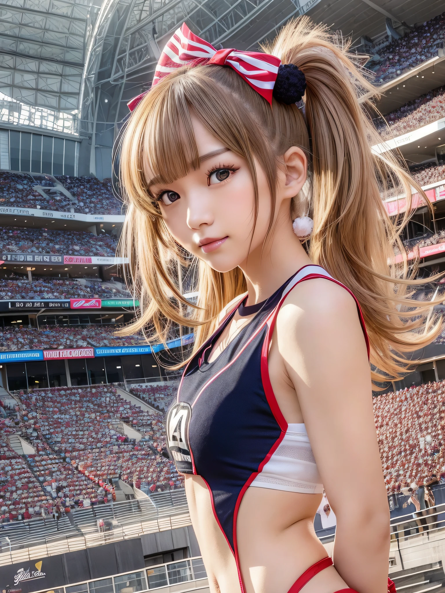 Ala-Fed Asian cheerleader posing dynamically with pom-pom in stadium, close-up, cosplay photo, anime cosplay, small breasts, RAW photo, Best Quality, High Resolution, (Masterpiece), (Photorealism:1.4), Professional Photography, Sharp Focus, HDR, 8K Resolution, Complex Details, Depth of Field, Highly detailed CG Unity 8k wallpaper, front light, NSFW, woman, girl, beautiful supermodel, smile, slender, small cheer uniform, yellow, marie rose, sailor suit
