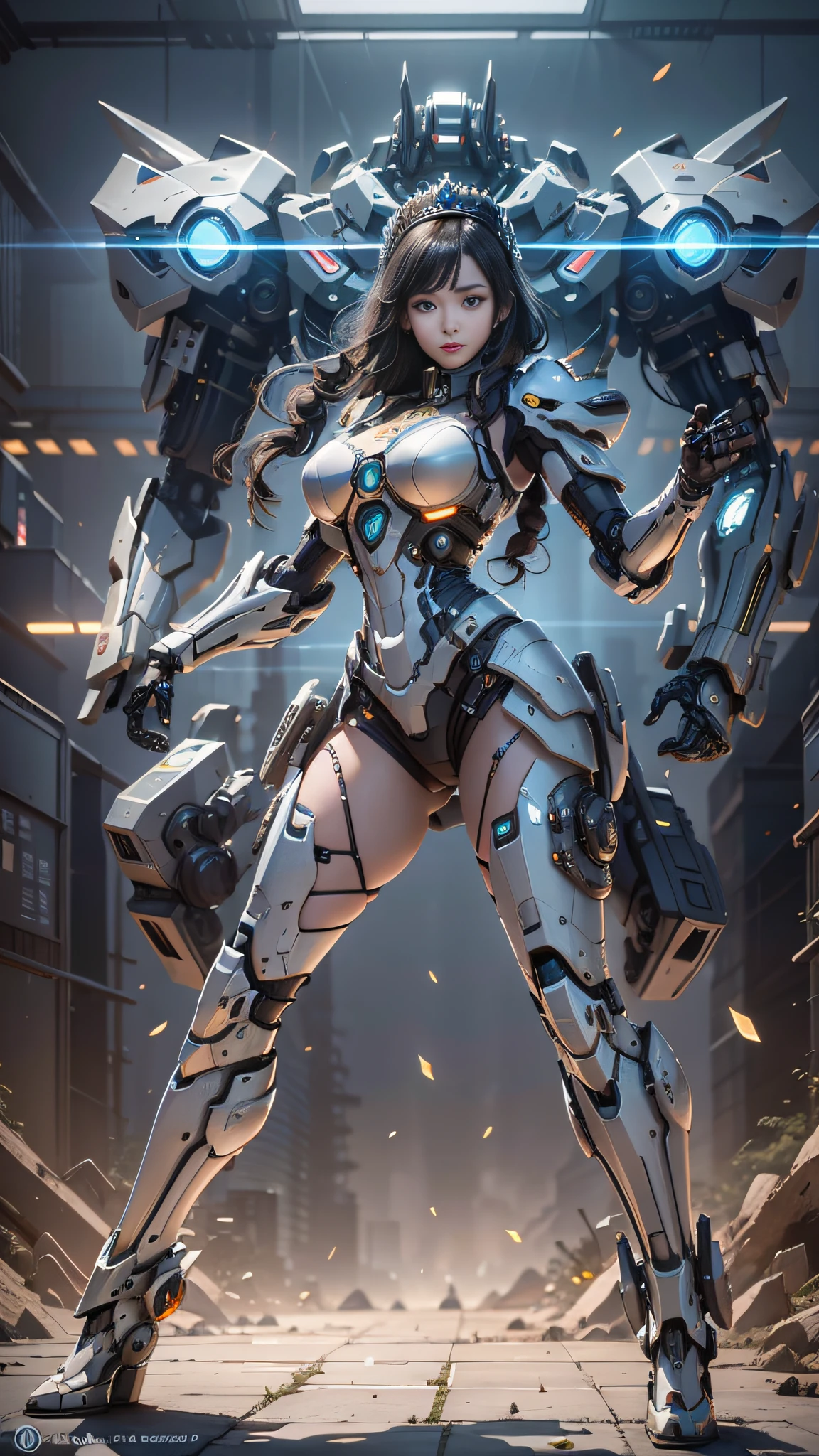 ((Best Quality)), ((Masterpiece)), (Very Detailed: 1.3), 3D, Icaru valkirie-mecha, Beautiful cyberpunk woman wearing crown, with master chef style, sci-fi technology, HDR (High Dynamic Range), ray tracing, nvidia RTX, super resolution, unreal 5, subsurface scattering, PBR texture, post-processing, anisotropic filtering, depth of field, maximum sharpness and sharpness, multi-layer texture, specular and albedo mapping, surface shading, accurate simulation of light-material interactions, perfect proportions, octane rendering, duotone lighting, low ISO, white balance, rule of thirds, wide aperture, 8K RAW, high efficiency subpixels, subpixel convolution, light particles, light scattering, Tyndall effect, very sexy, full body, battle pose, black hair with braids,