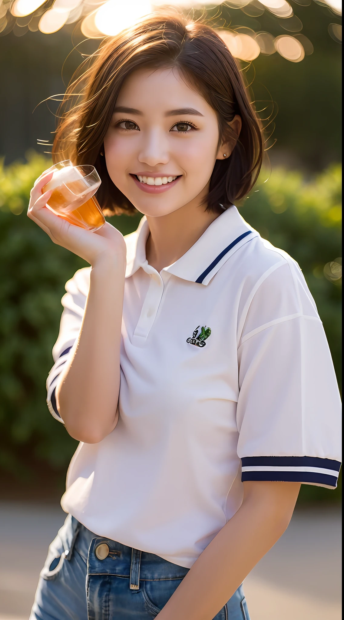 (8k, RAW photos, top quality, high resolution: 1.1), (ultra-realistic: 1.4), (realistic, photorealistic: 1.3), soft light, big, girls, realistic faces, realistic bodies, realistic skin, absurdity, masterpiece, (cute: 1.8), cuties, solo, (big: 1.2), detailed black eyes, innocent eyes, cheeks, (polo shirt: 1.2), cinema light, Film Grain, Jewelry, (((Short Hair: 1.1)), (Floating Hair Novafrog Style)), Cherry Colored Lips, Close Up, Look Viewer, Upper Body, Open Lips, Upper Teeth, (Smiling Eyes: 0.6), ((grinning: 1.2)), Depth of Field, Blurred Background, Eye Focus, Sunset, Drinking Water, Bokeh, Young, 85mm Lens, f/1.4, Professional Lighting, Young, Portrait, Photon Mapping, Radiosity, Physically Based Rendering