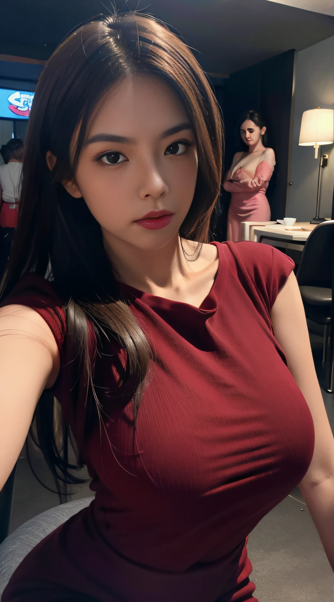 (Extremely detailed, underground parking, fine, slightly fat, busty, ???????????, ???????????, M cups, red crewneck dress, conservative, delicate face, large aperture, close-up of people)