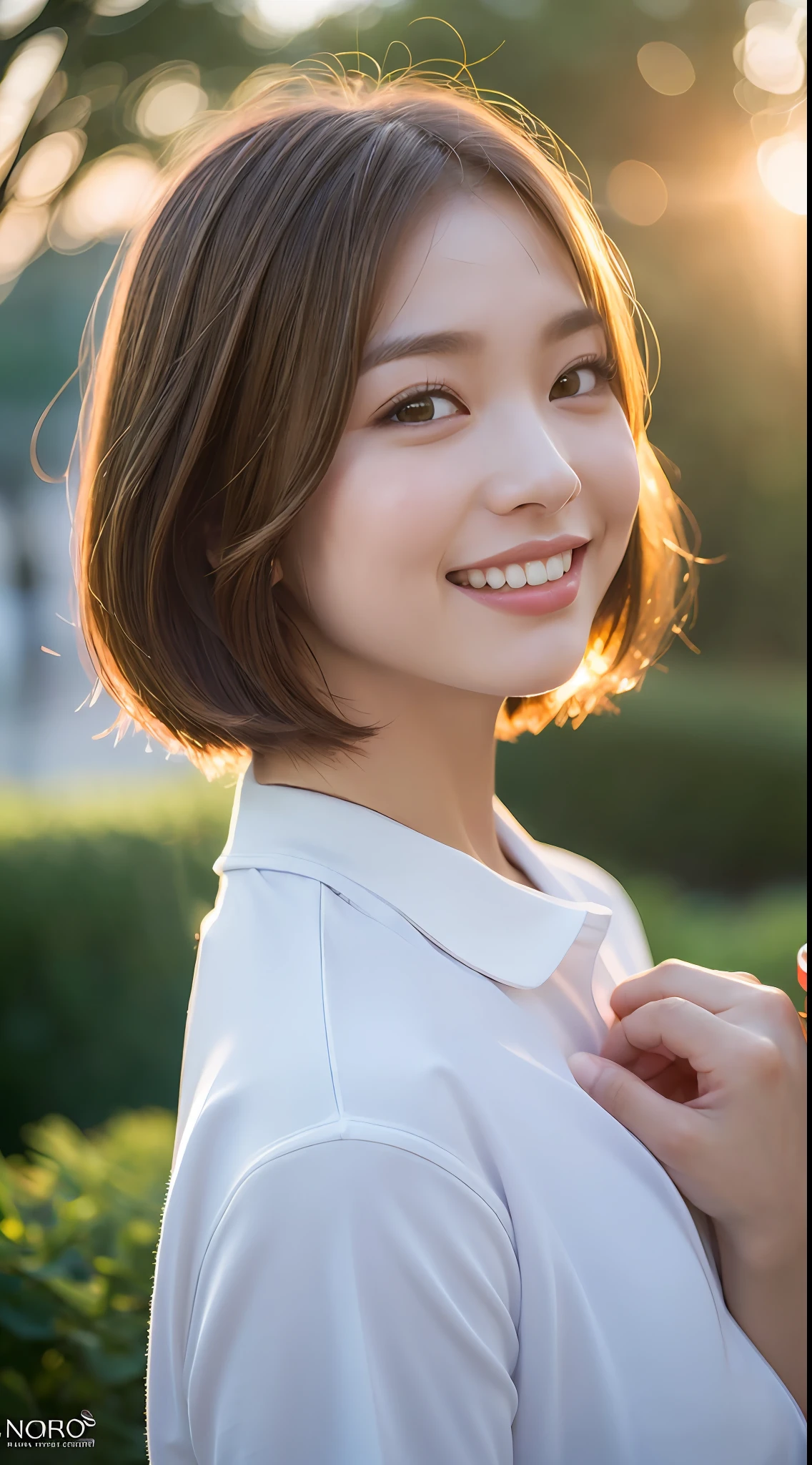 (8k, RAW photos, top quality, high resolution: 1.1), (ultra-realistic: 1.4), (realistic, photorealistic: 1.3), soft light, big, girls, realistic faces, realistic bodies, realistic skin, absurdity, masterpiece, (cute: 1.8), cuties, solo, (big: 1.2), detailed black eyes, innocent eyes, cheeks, (polo shirt: 1.2), cinema light, Film Grain, Jewelry, (((Short Hair: 1.1)), (Floating Hair Novafrog Style)), Cherry Colored Lips, Close Up, Look Viewer, Upper Body, Open Lips, Upper Teeth, (Smiling Eyes: 0.6), ((grinning: 1.2)), Depth of Field, Blurred Background, Eye Focus, Sunset, Drinking Water, Bokeh, Young, 85mm Lens, f/1.4, Professional Lighting, Young, Portrait, Photon Mapping, Radiosity, Physically Based Rendering