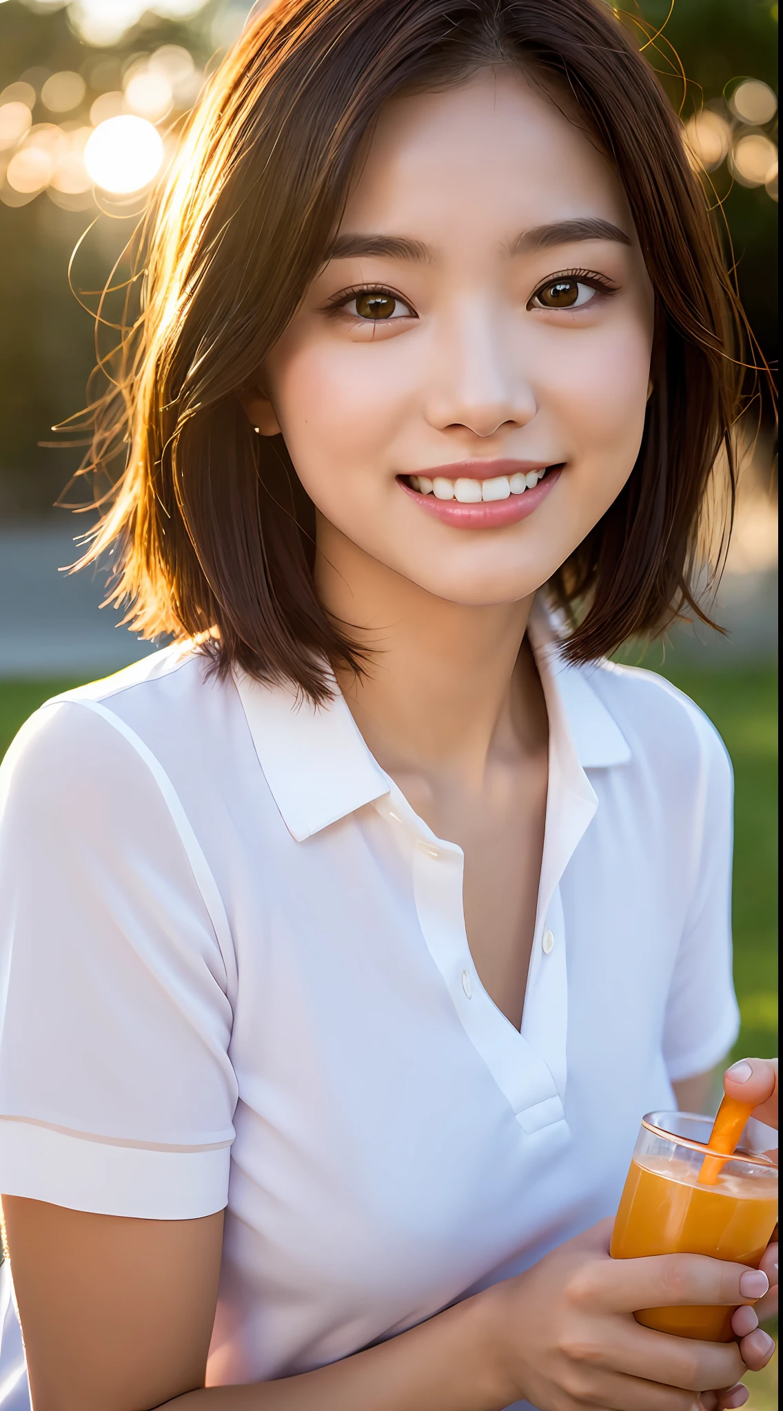 (8k, RAW photos, top quality, high resolution: 1.1), (ultra-realistic: 1.4), (realistic, photorealistic: 1.3), soft light, big, girls, realistic faces, realistic bodies, realistic skin, absurdity, masterpiece, (cute: 1.8), cuties, solo, (big: 1.2), detailed black eyes, innocent eyes, cheeks, (polo shirt: 1.2), cinema light, Film Grain, Jewelry, (((Short Hair: 1.1)), (Floating Hair Novafrog Style)), Cherry Colored Lips, Close Up, Look Viewer, Upper Body, Open Lips, Upper Teeth, (Smiling Eyes: 0.6), ((grinning: 1.2)), Depth of Field, Blurred Background, Eye Focus, Sunset, Drinking Water, Bokeh, Young, 85mm Lens, f/1.4, Professional Lighting, Young, Portrait, Photon Mapping, Radiosity, Physically Based Rendering