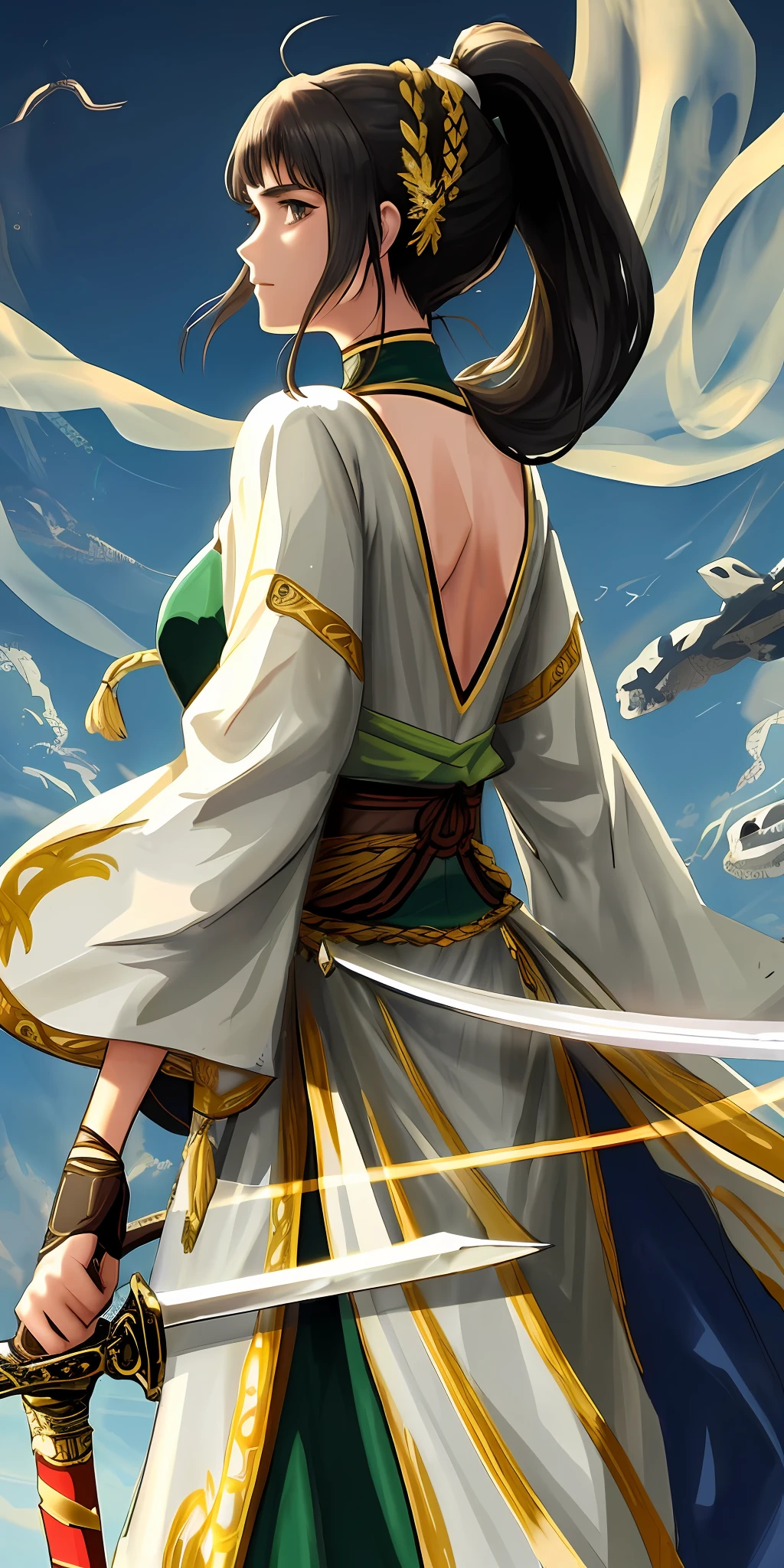The back of the woman holding the sword in ancient costume, the long view, the black hair ponytail, the clothes do not leak