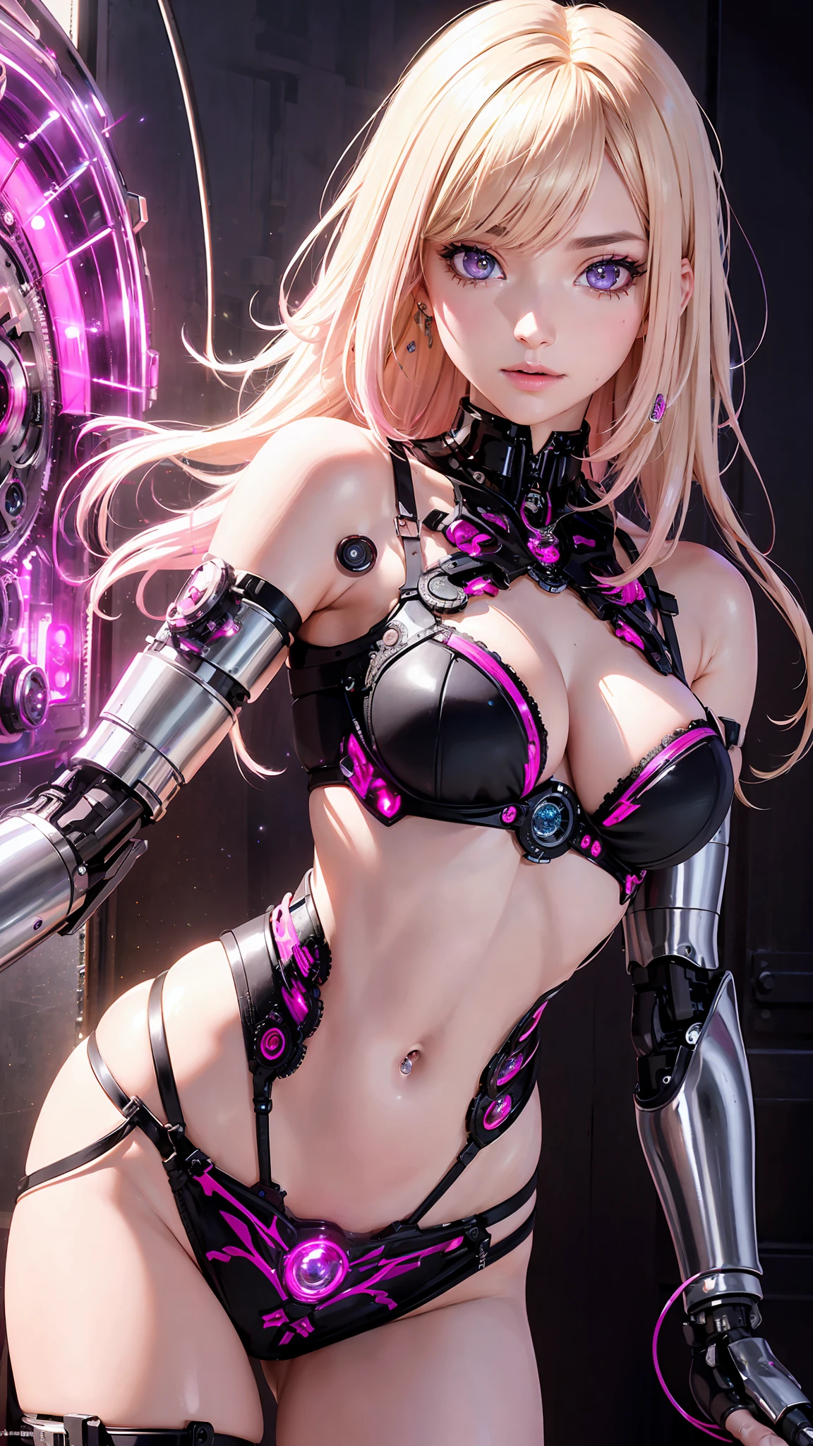Realistic, Hyper Detail, Girls Only, yo, Dynamic Lighting, (Glossy skin: 1.5), Masterpiece, Top Quality, Absurdity, one side cut layered bob,((Blonde to pink Hair:1.3), ((purple clear Eyes)),((Beautiful, detailed eyes, jewel-like eyes, sparkling eyes:1.3)) , The girl body incorporates mechanical components such as gears, wires and circuits that merge with the female's natural form to create a visually captivating and futuristic aesthetic. The mechanical elements emphasize precision and functionality, with interconnected gears and cogs that work harmoniously with the female physique. Female faces may have cybernetic enhancements such as glowing eyes, neural implants, and metallic facial features that symbolize the fusion of man and machine.