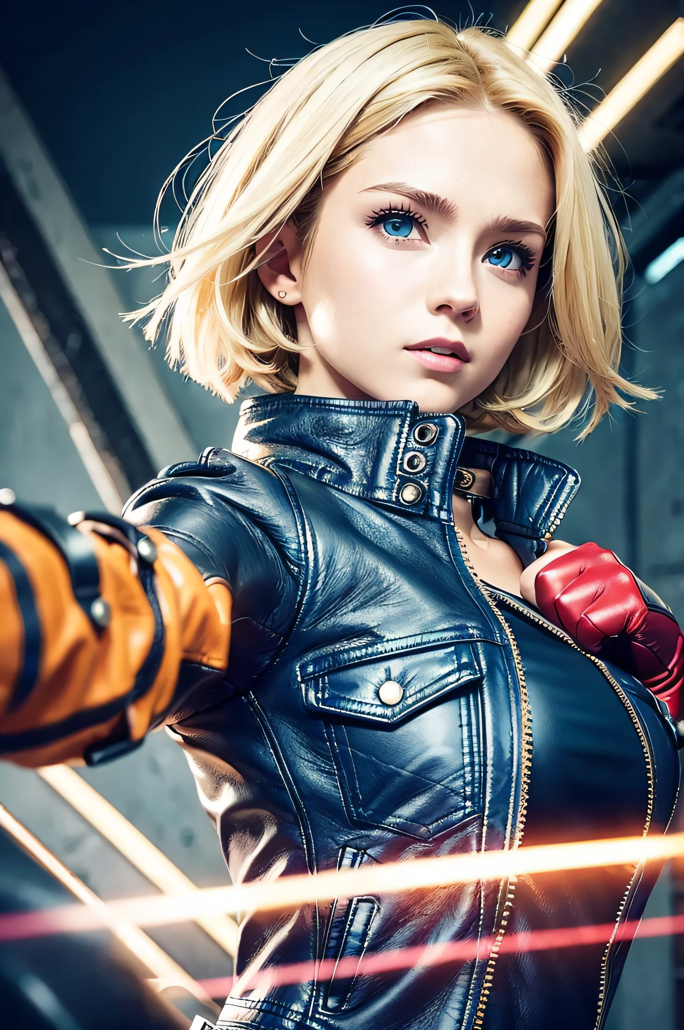 (((One girl, cute, leather jacket, red top, jeans, gloves, blonde, short hair, bob hair, side part hair, blue eyes))), (blonde hair))), dynamic poses, manga style, depict groups of characters in a variety of action scenes, from fierce fights to lighthearted moments, with dramatic speed lines and bold sound effects, Capture the excitement and energy of the story, Be ready to punch,