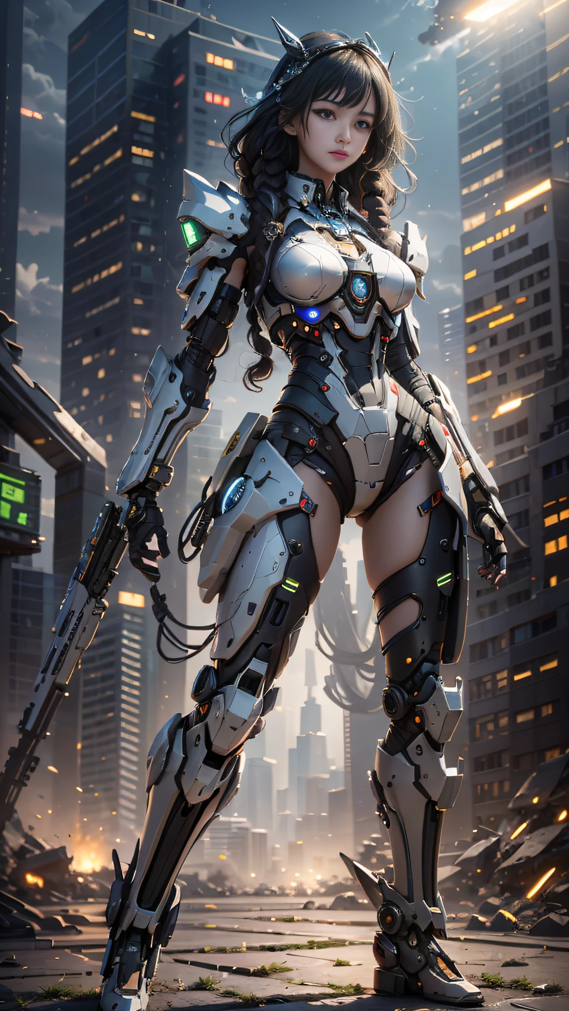 ((Best Quality)), ((Masterpiece)), (Very Detailed: 1.3), 3D, Icaru valkirie-mecha, Beautiful cyberpunk woman wearing crown, with master chef style, sci-fi technology, HDR (High Dynamic Range), ray tracing, nvidia RTX, super resolution, unreal 5, subsurface scattering, PBR texture, post-processing, anisotropic filtering, depth of field, maximum sharpness and sharpness, multi-layer texture, specular and albedo mapping, surface shading,  accurate simulation of light-material interactions, perfect proportions, octane rendering, duotone lighting, low ISO, white balance, rule of thirds, wide aperture, 8K RAW, high efficiency subpixels, subpixel convolution, light particles, light scattering, Tyndall effect, very sexy, full body, battle pose, black hair with braids,