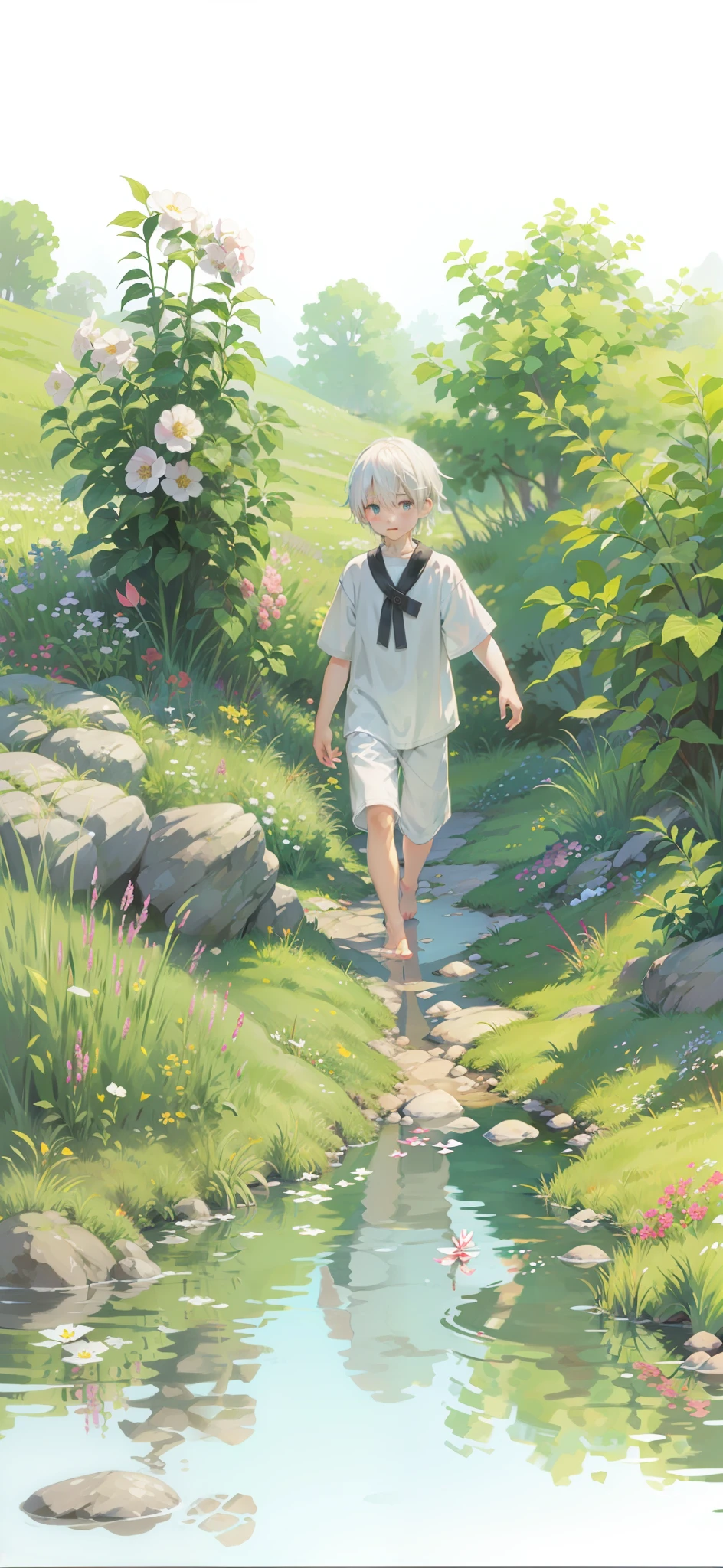 White-haired and barefoot little Shota walking in a sea of flowers