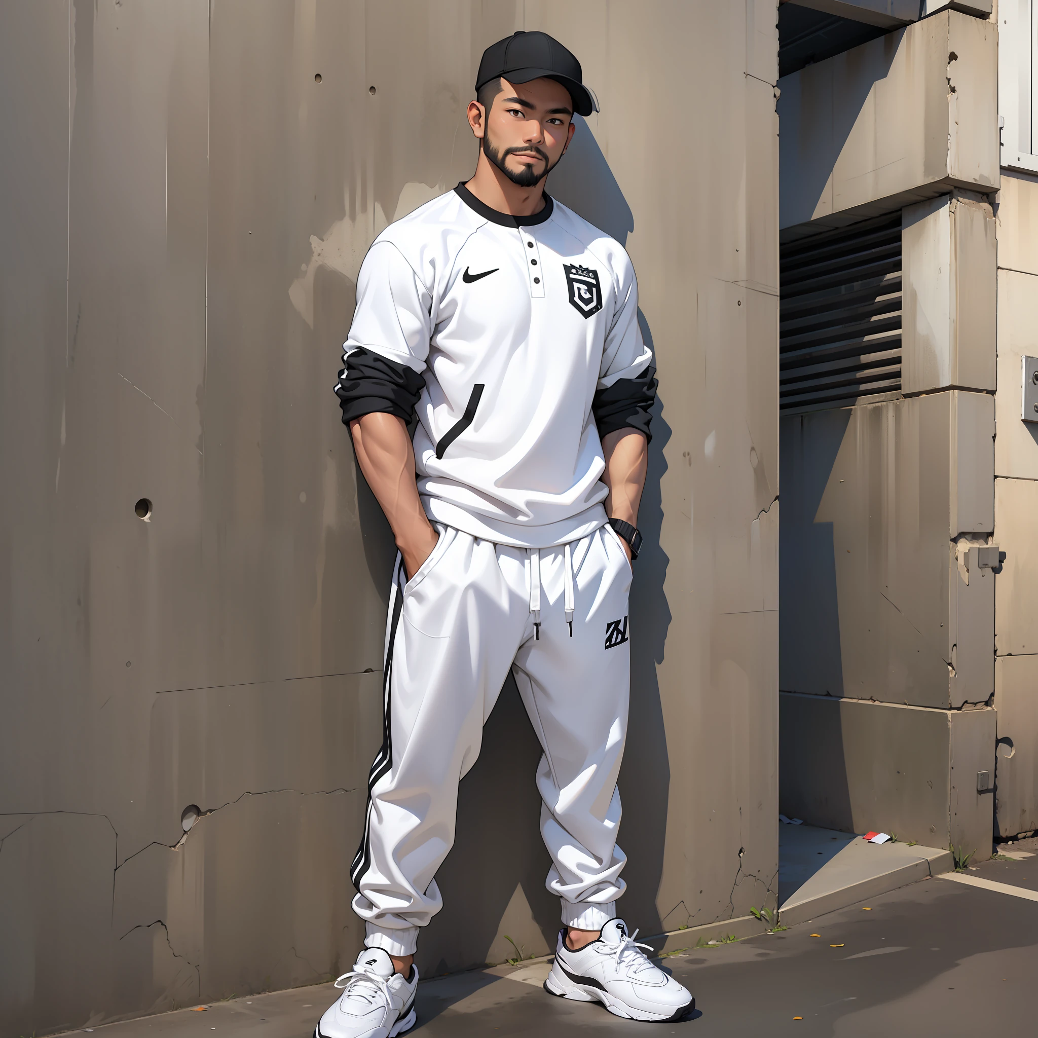 Filipino man, short beard, wearing white dirty crew socks relaxing, standing against wall, full body, black loose suit pants, small athletic, white male, cap, soccer sneakers