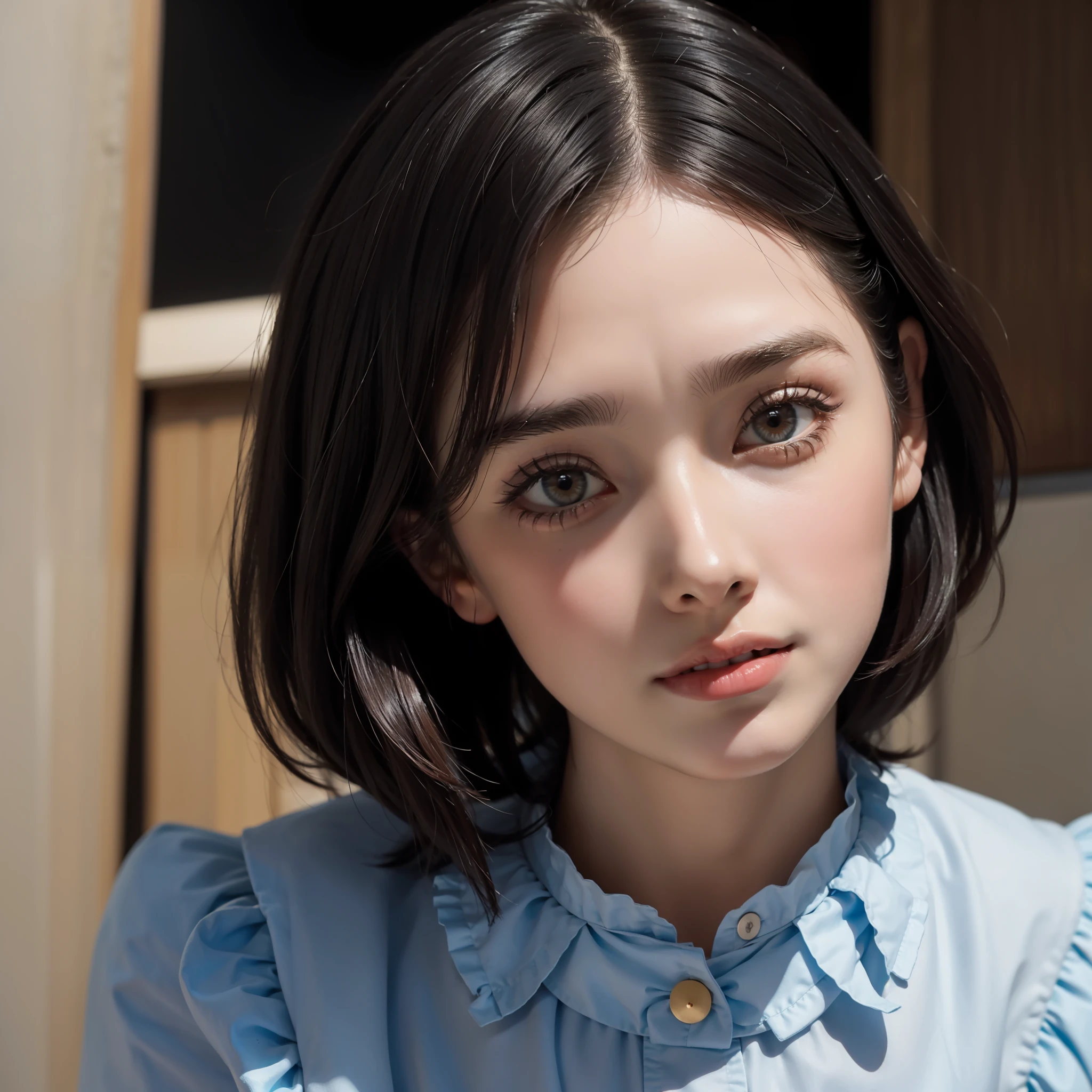 Masterpiece, close-up of the face of the greatest beautiful girl of all time, small face, short cut, face like a French doll, from the front