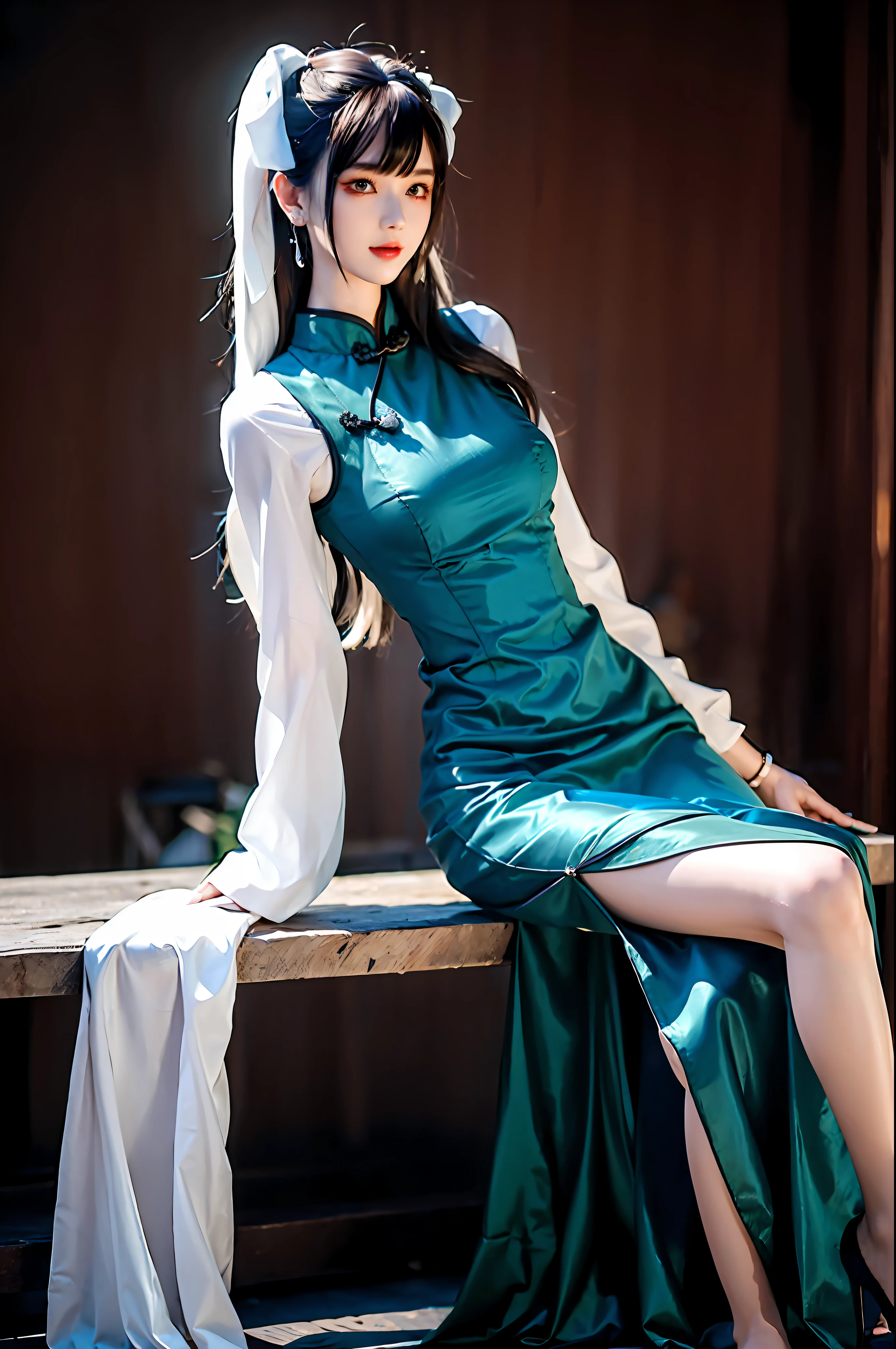 There is a girl in a green dress, plum blossoms, palaces, oriental architecture ray tracing, {best quality}, {{masterpiece}}, extremely detailed 8K wallpaper, {an extremely delicate and beautiful}, colorful, intricately detailed, Realistic, real, camera quality, (detailed depiction of clothes), cool white skin, (detailed depiction of blush), 1080p, sun, soft cuteness, smooth light silver hair, messy beauty, lighting, broken feeling, bright and silky skin , 3D stereoscopic, masterpiece, best quality, super fine illustration, beautiful eyes, very fine light, fine glow, very fine 8K CG wallpaper, peach eyes, red pupils, an extremely delicate and beautiful girl, 8k Wallpaper, best quality, full body close-up, white long dress, luxurious silky bright red chiffon floodlight (magic, glitter, ultra-thin, soft,) Hanfu