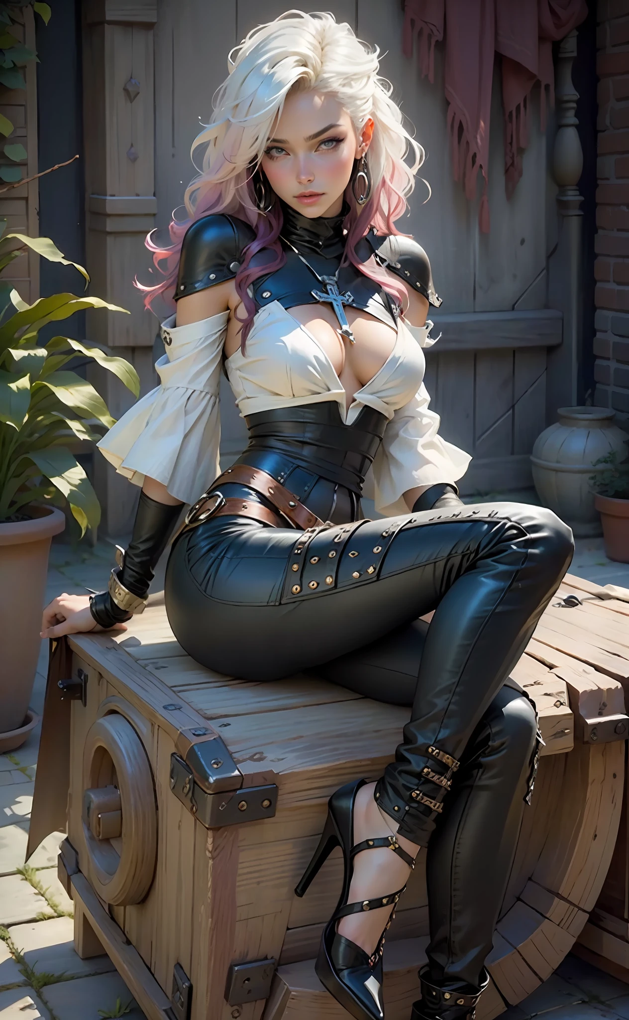 Beautiful woman, dyed hair, sitting cross-legged, sexy leather clothes, long breasts, boho style, realistic detailed, white high heels