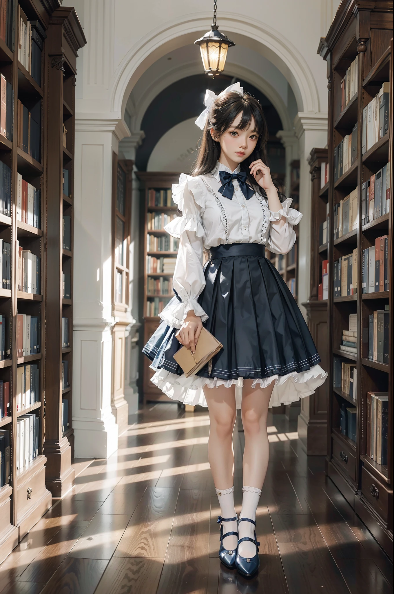 Woman standing alone in library, white floral blouse, dark blue bow tie, dark blue skirt with ruffles, wearing white silk ruffled socks, wearing pumps, white light background