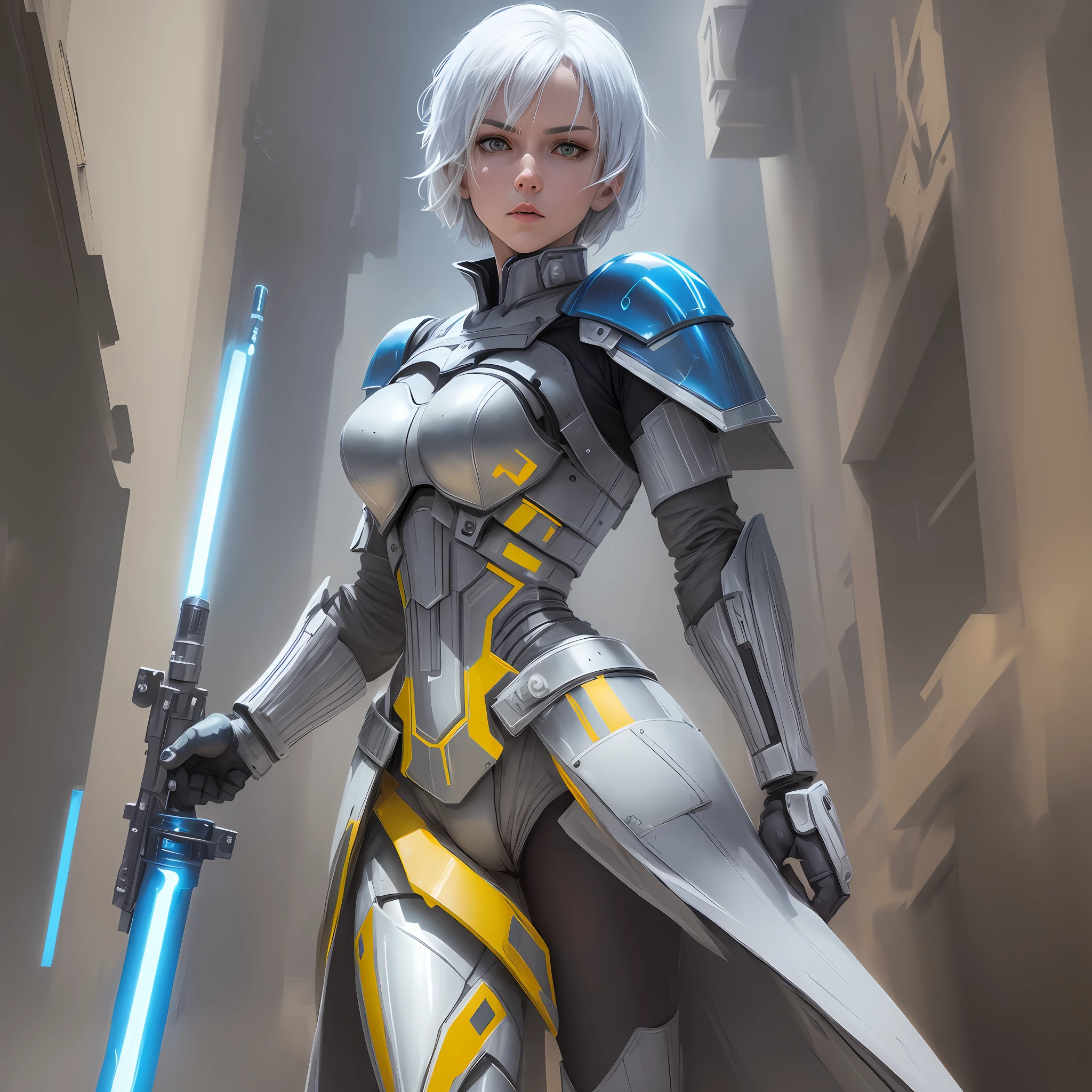 Blue lightsaber in hand, short hair, serious face, combat attire, white hair, yellow eyes, armor, android, human appearance, adult woman --auto --s2