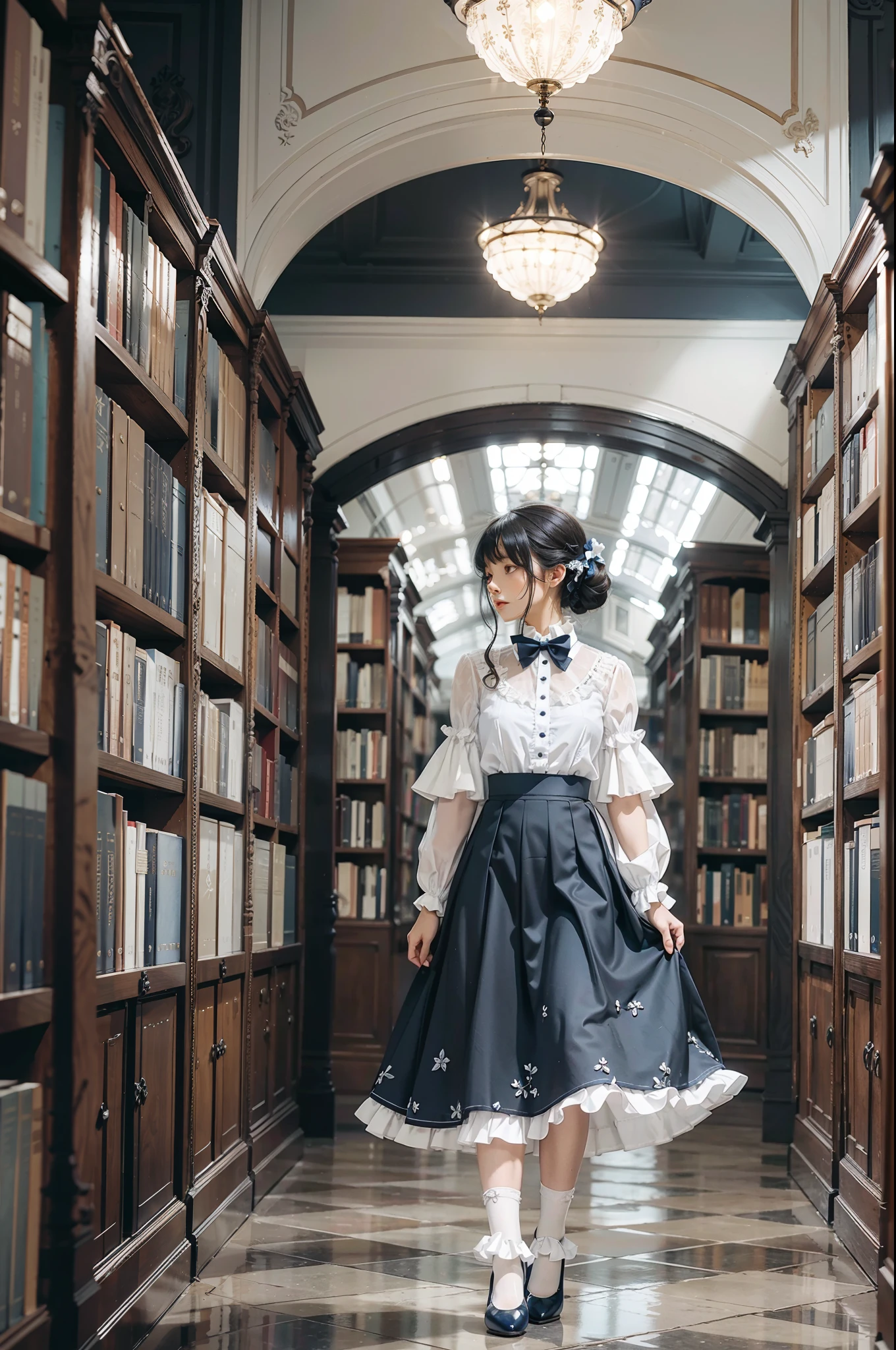 Woman standing alone in library, white floral blouse, dark blue bow tie, dark blue skirt with ruffles, wearing white silk ruffled socks, wearing pumps, white light background