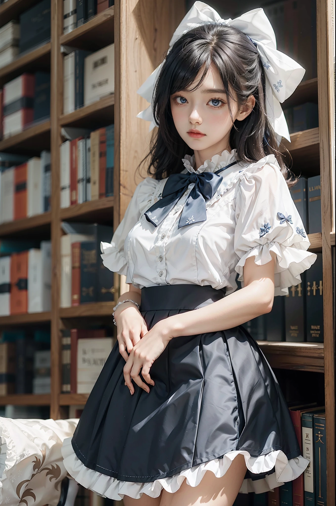 Woman standing alone in library, white floral blouse, dark blue bow tie, dark blue skirt with ruffles, wearing white silk ruffled socks, wearing pumps, white light background