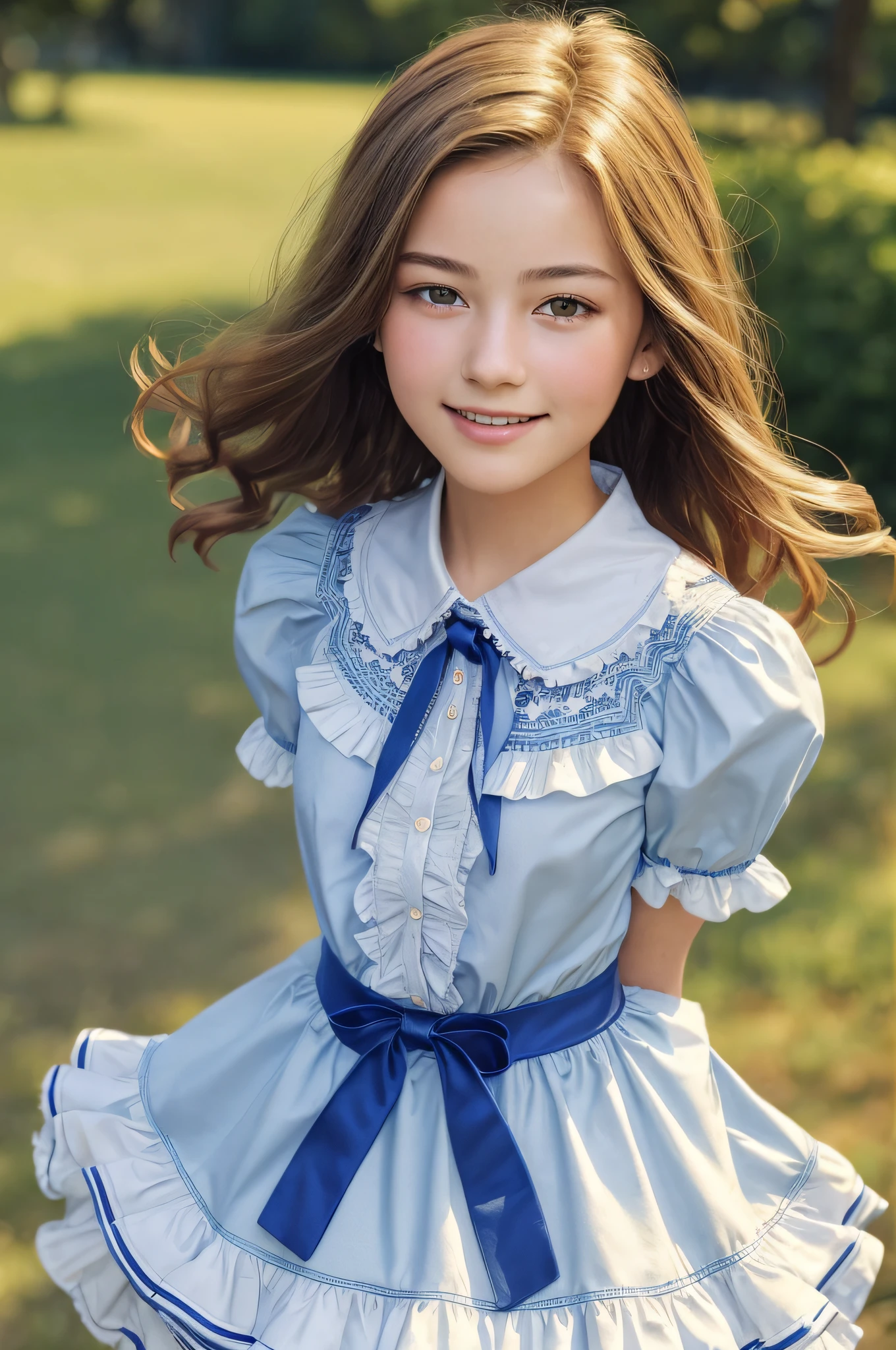 High resolution, one beautiful young woman, (soft saturation: 1.3), (fair skin: 1.2), (super detailed background, detailed background), bokeh, break portrait of smiling girl. When viewed from the front, the composition is symmetrical. Look straight at you with serious eyes, break sunlight, strong light, front light, glowing skin, (ager: 1.3), (cowboy shot: 1.2), break ruffles, ruffled dresses, ruffled shirts, center ruffles, ruffled shirt collars, ruffled sleeves, ruffled ribbons, ruffled ties, ribbon ties, ruffled skirts Dutch angles, View Viewer Dynamic Pose