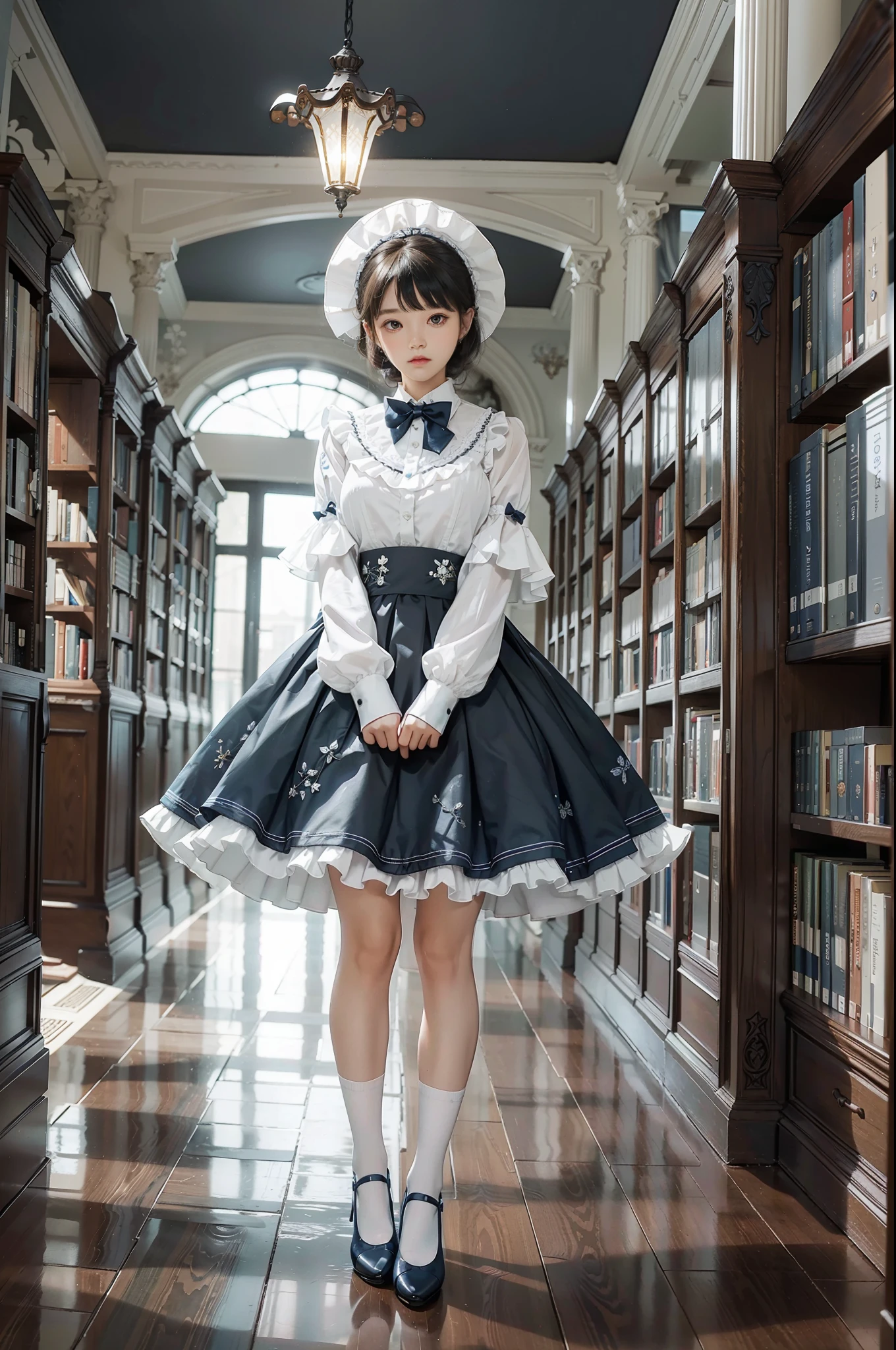 Woman standing alone in library, white floral blouse, dark blue bow tie, dark blue skirt with ruffles, wearing white silk ruffled socks, wearing pumps, white light background
