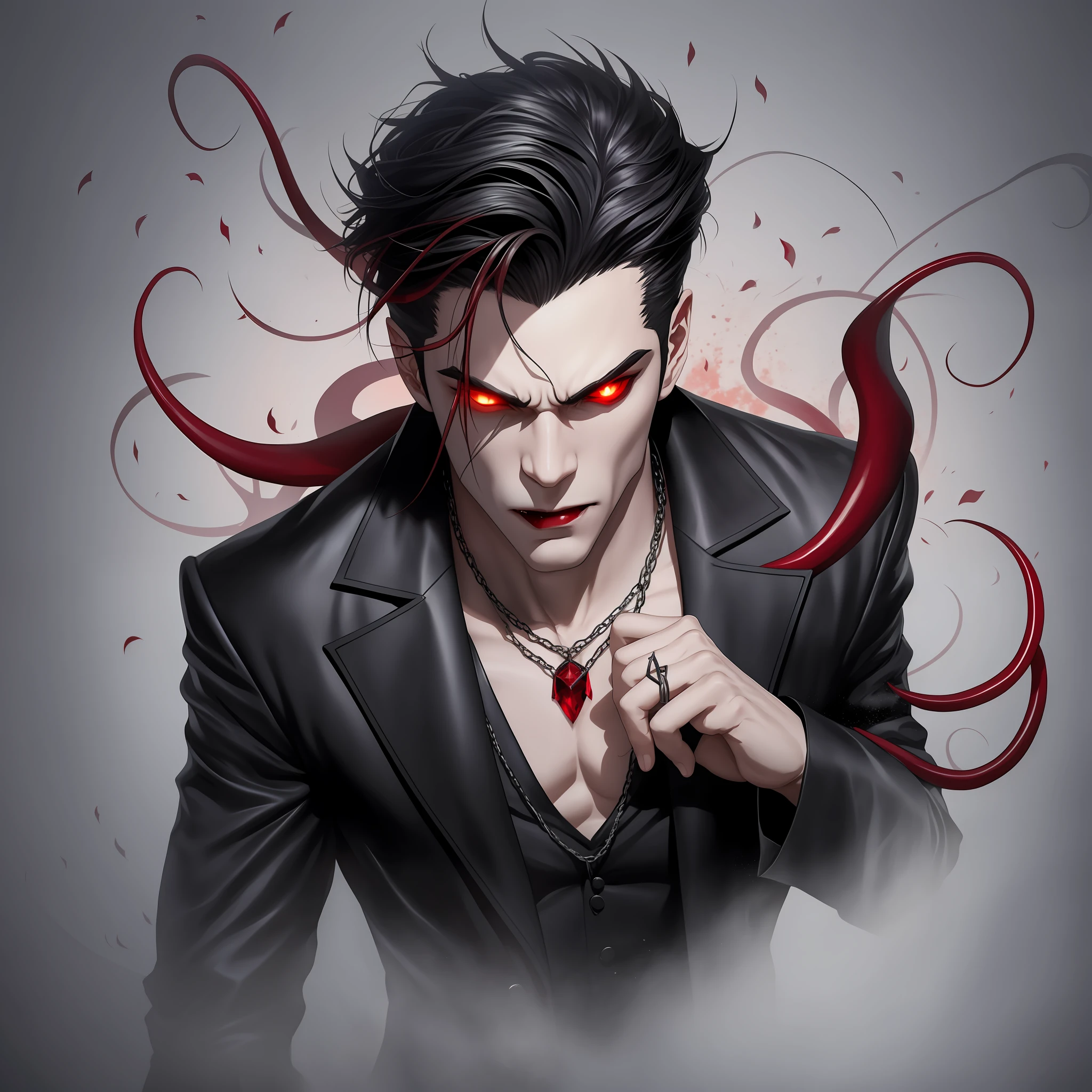 Create the image of a male vampire from anime seinem showing off his fangs. With the contour of the face using soft lines. It should have large, expressive eyes with slit-shaped pupils. He must have short, goosebumps and wear dark clothes, an open overcoat and military boots. Get inspired by the Neo of matrix. Must have a ruby necklace red apparent blood Add some shadow tentacles being manipulated by the vampire, and make a black and dark background. --auto --s2