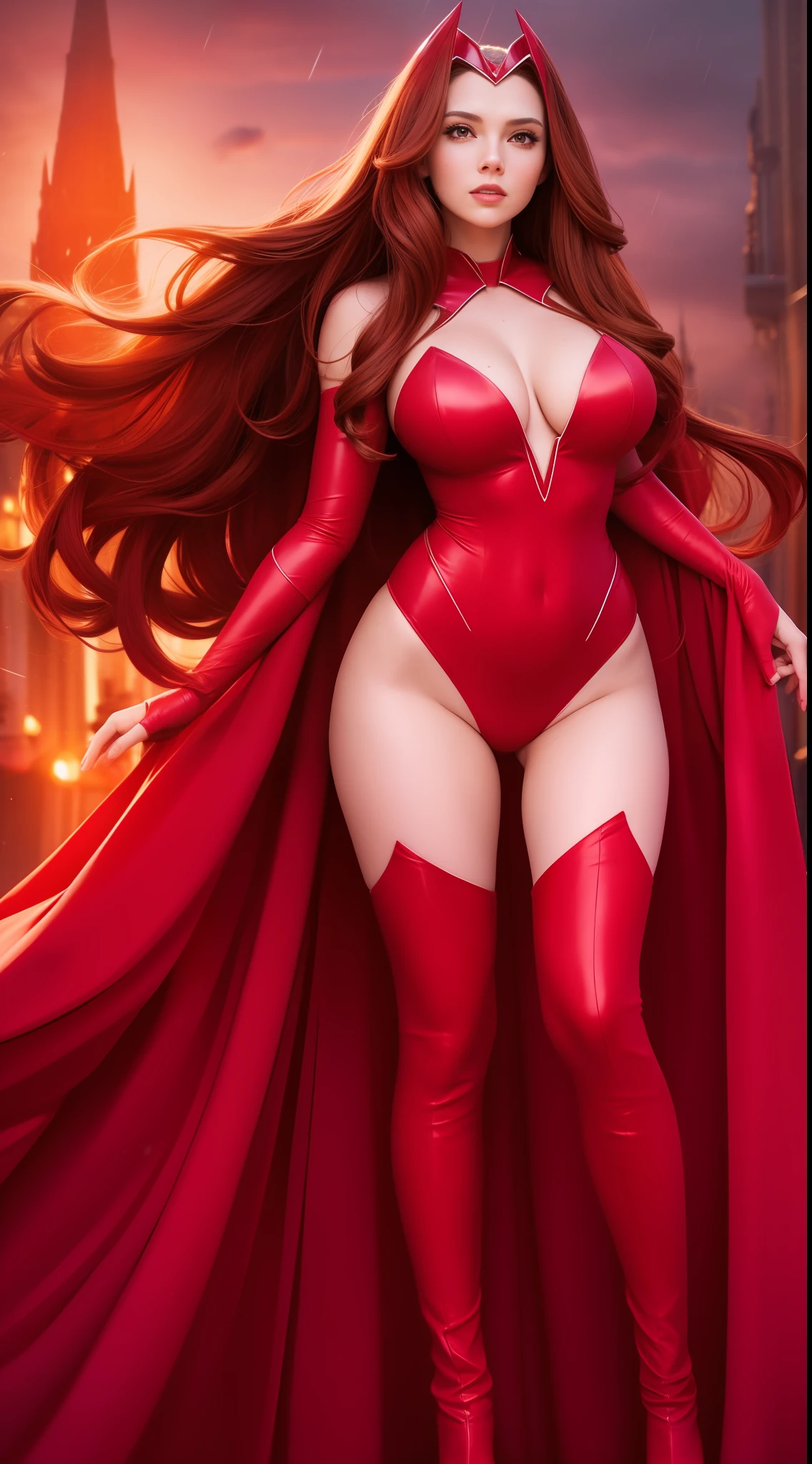 Beautiful woman, beautiful, Scarlet Witch Cosplay, full body photo, scarlet witch tiara, Red swimsuit, Red boots, red magic in the hands, ((Scarlet Witch)), Pink pantyhose, pink pantyhose, prominent figure, night, photo (Masterpiece) (Best quality) (Detail) (8K) (HD) (Wallpaper) (Cinematic lighting) (Sharp focus) (Intricate), sexy, rain, best quality, ultra high resolution, realistic photo,  full body portrait, incredibly beautiful, dynamic poses, detailed skin texture, highly detailed skin, detailed face, beautiful legs, solo, large breasts,