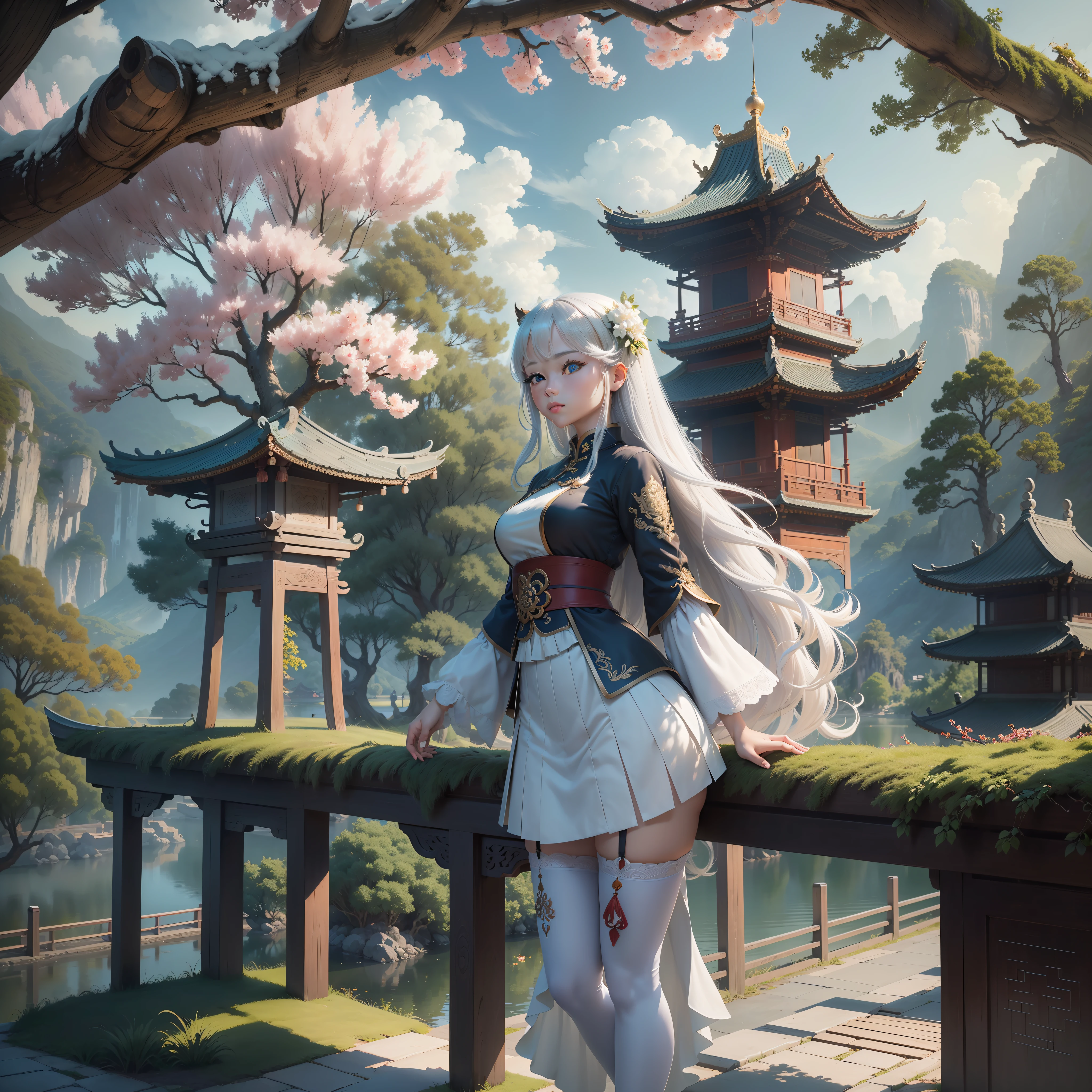((beautiful background,masterpiece,best quality,ultra-detailed)),(complex details:1.2),extremely detailed cg unity 8k wallpaper,（Chinese landscape garden，Chinese style building group，a girl on the bridge，cherry tree，full of vigor，Cloudy）,(blue eyes,long hair:1.2，white thigh highs:1.2),(Detaililed eyes description,DetailedI face description),(full body:1.25，Dynaminic angle)，(long shoot:1.3,wide-angle:1.2)